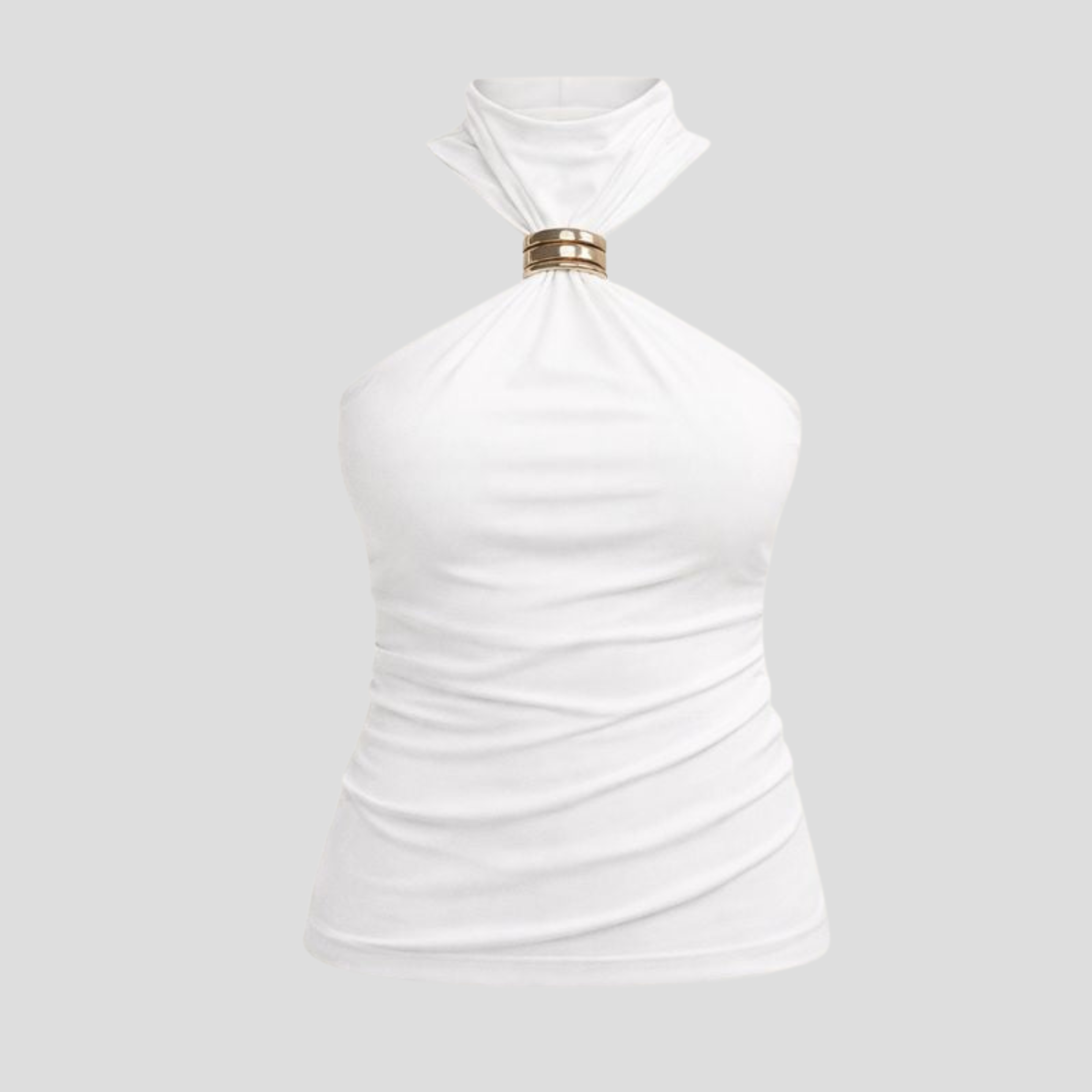 Black women's halter top with high neckline and gold ring detail