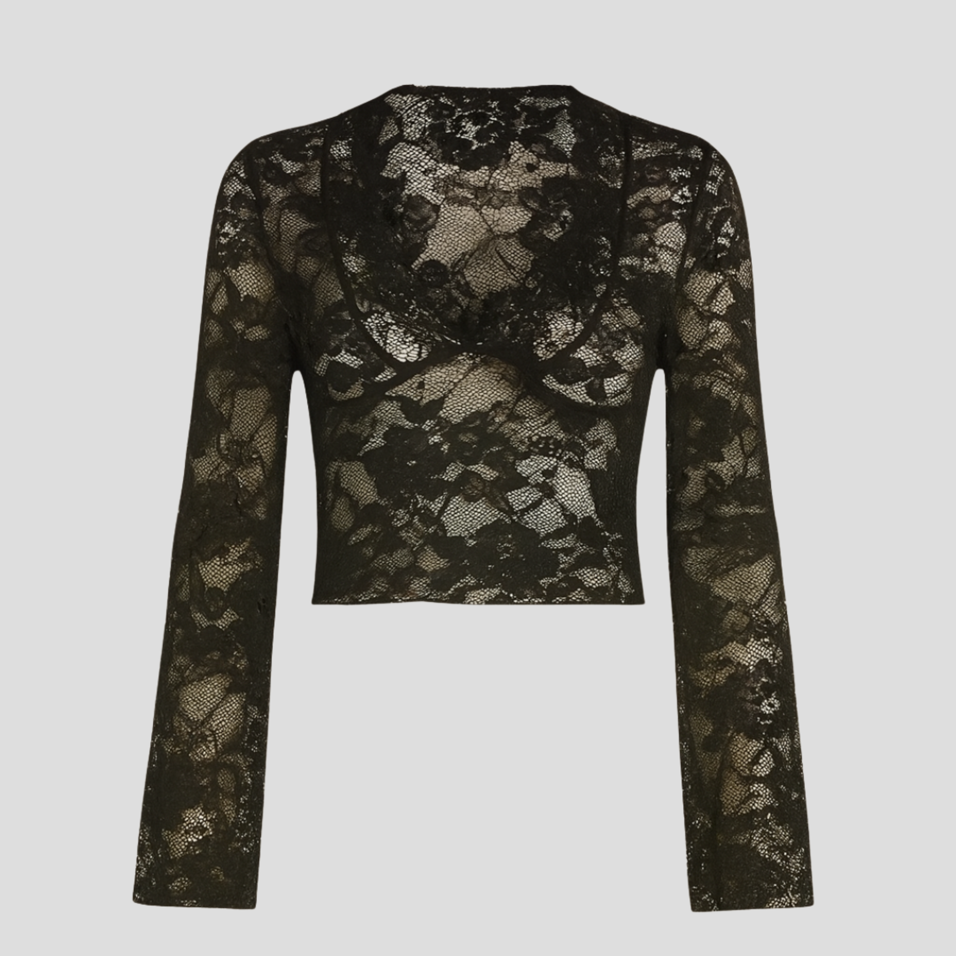 Black sheer lace top with floral pattern, deep neckline and softly flared sleeves
