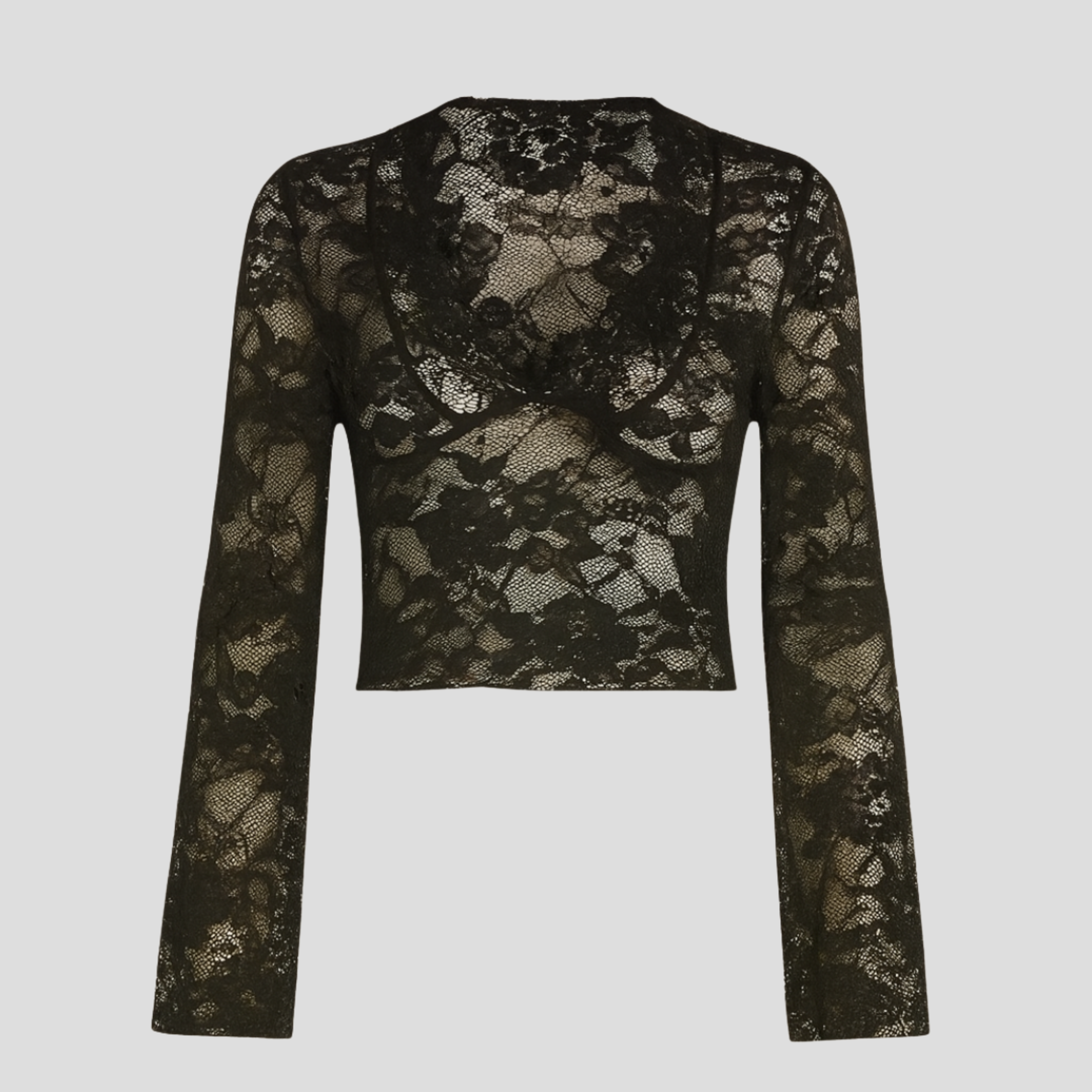 Black sheer lace top with floral pattern, deep neckline and softly flared sleeves