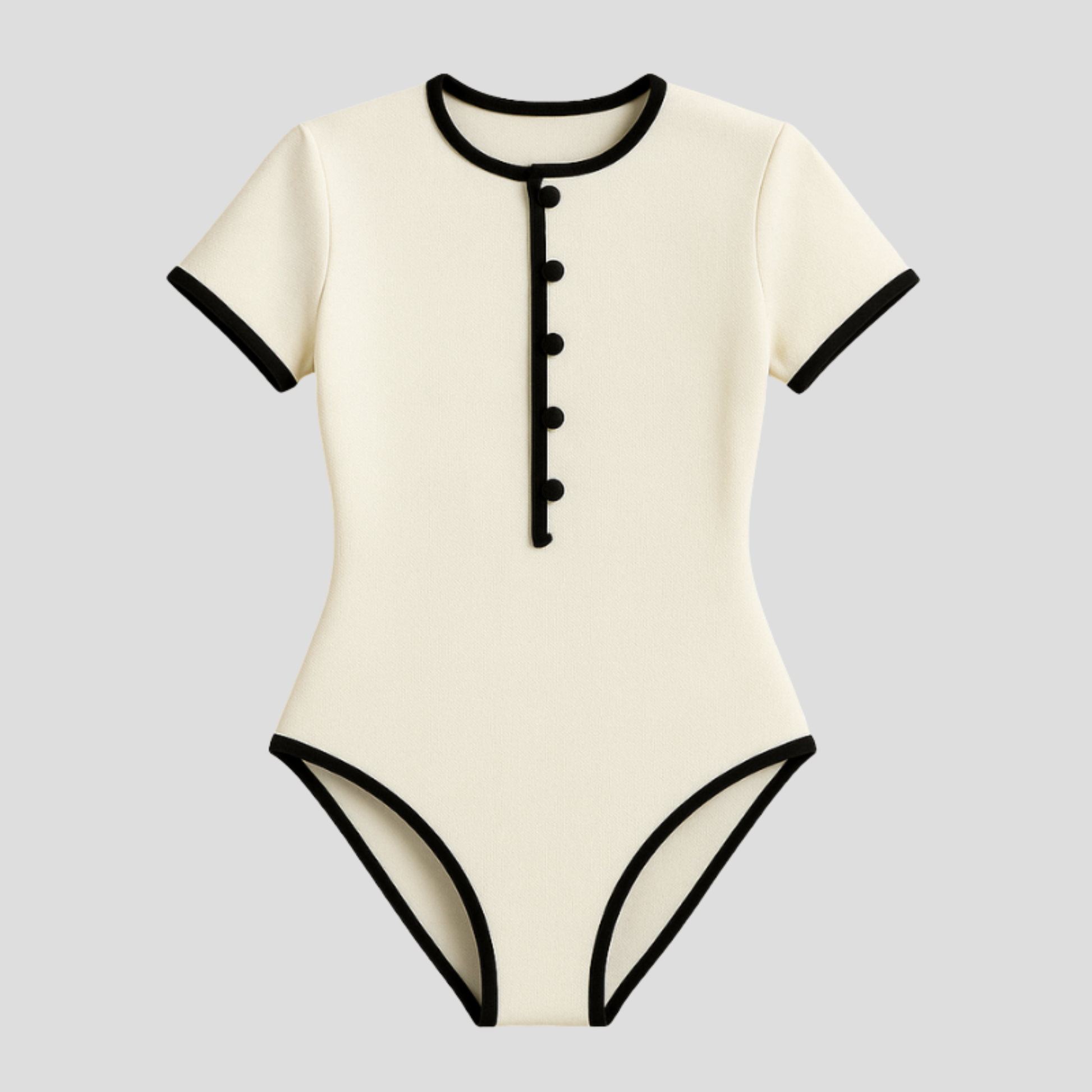 White women's swimsuit with contrast trim and button-front center detail