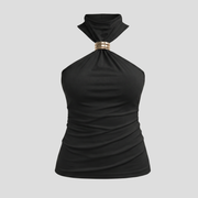 Black women's halter top with high neckline and gold ring detail