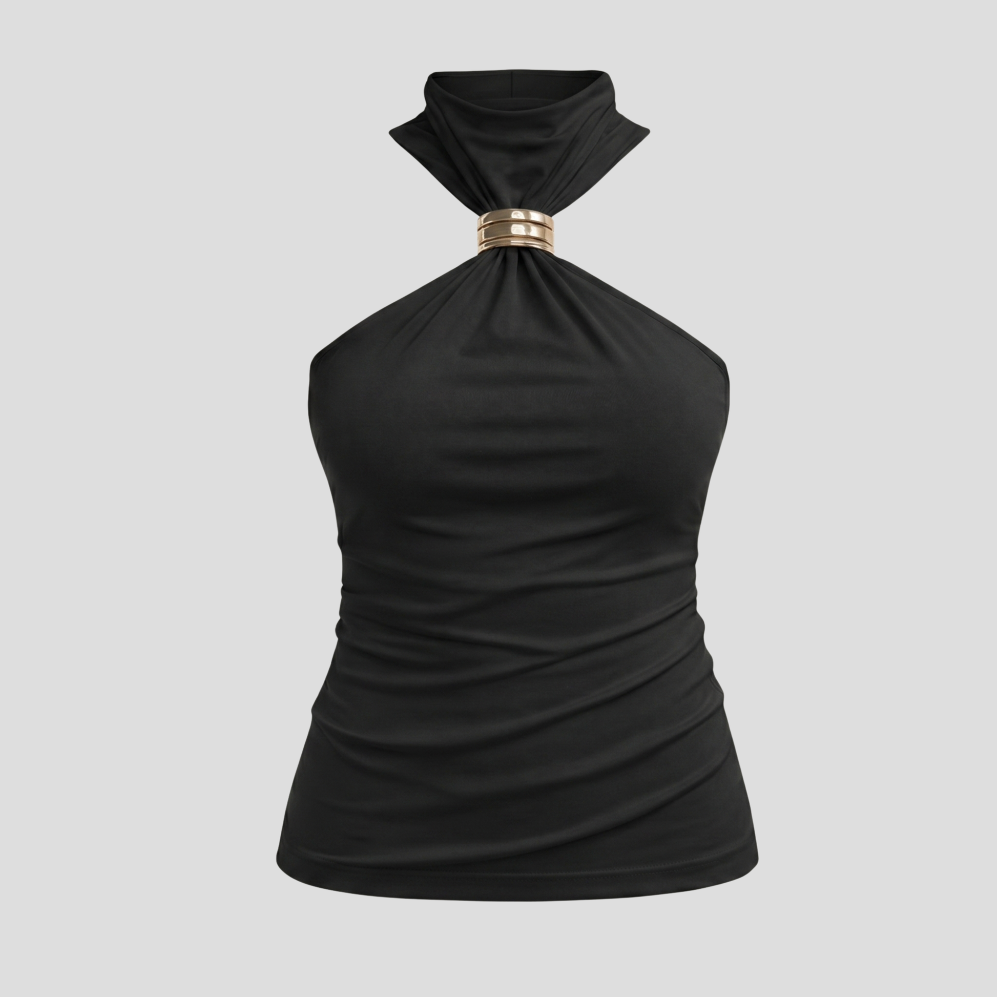 Black women's halter top with high neckline and gold ring detail