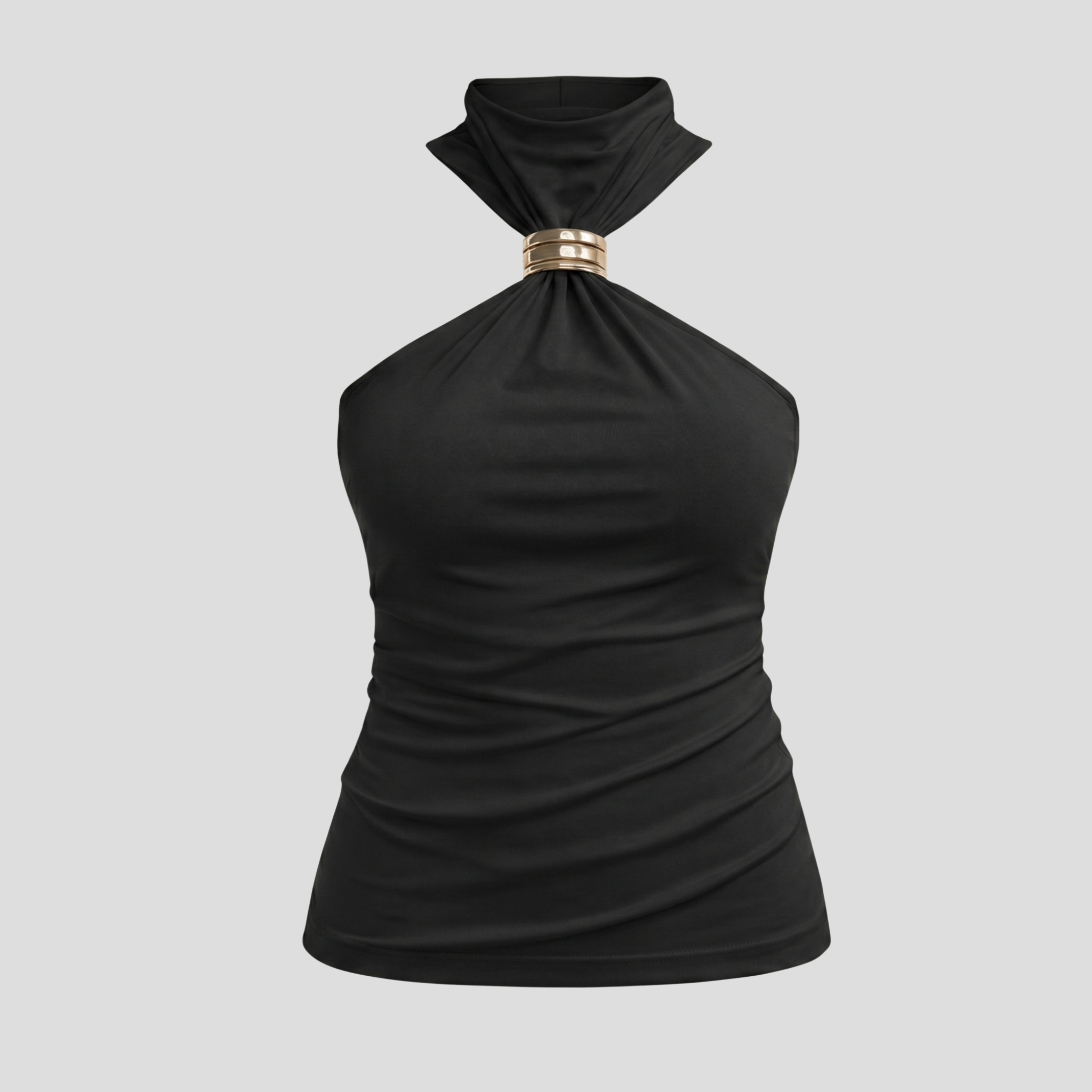Black women's halter top with high neckline and gold ring detail