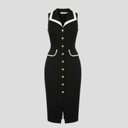 Black women's midi dress with notched collar, contrast trim, and button-front closure