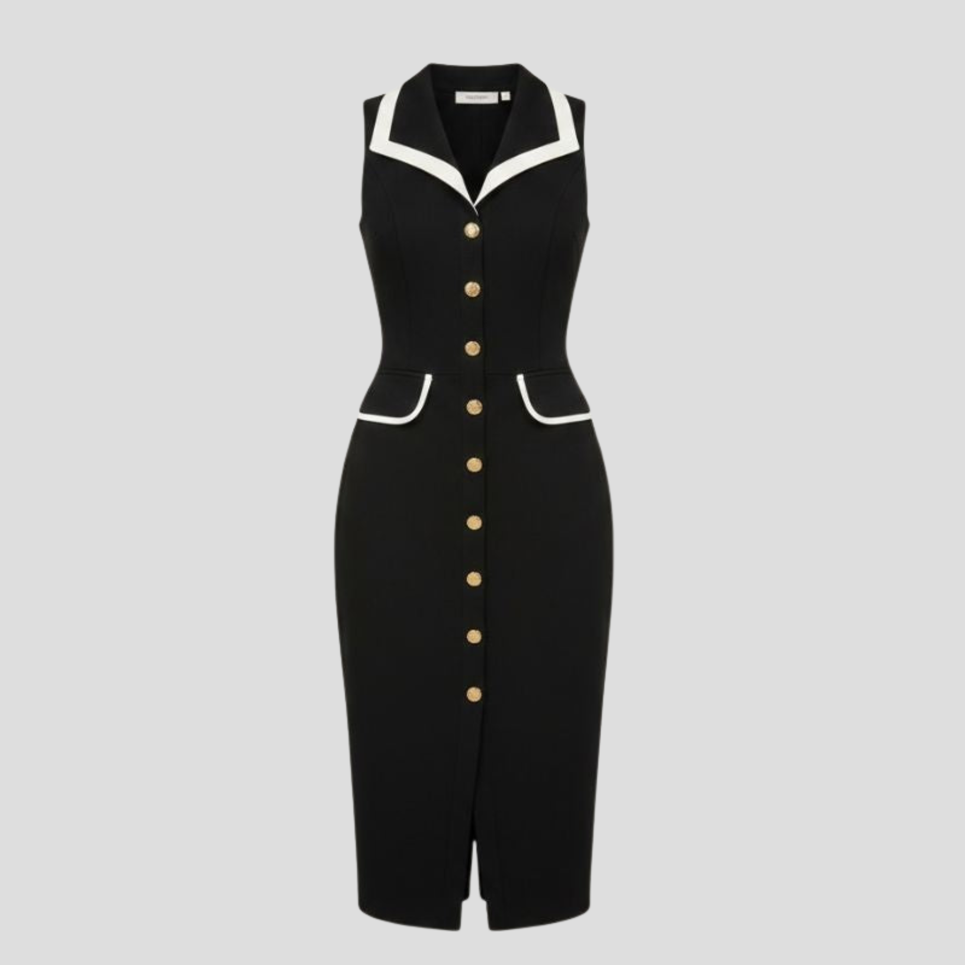 Black women's midi dress with notched collar, contrast trim, and button-front closure