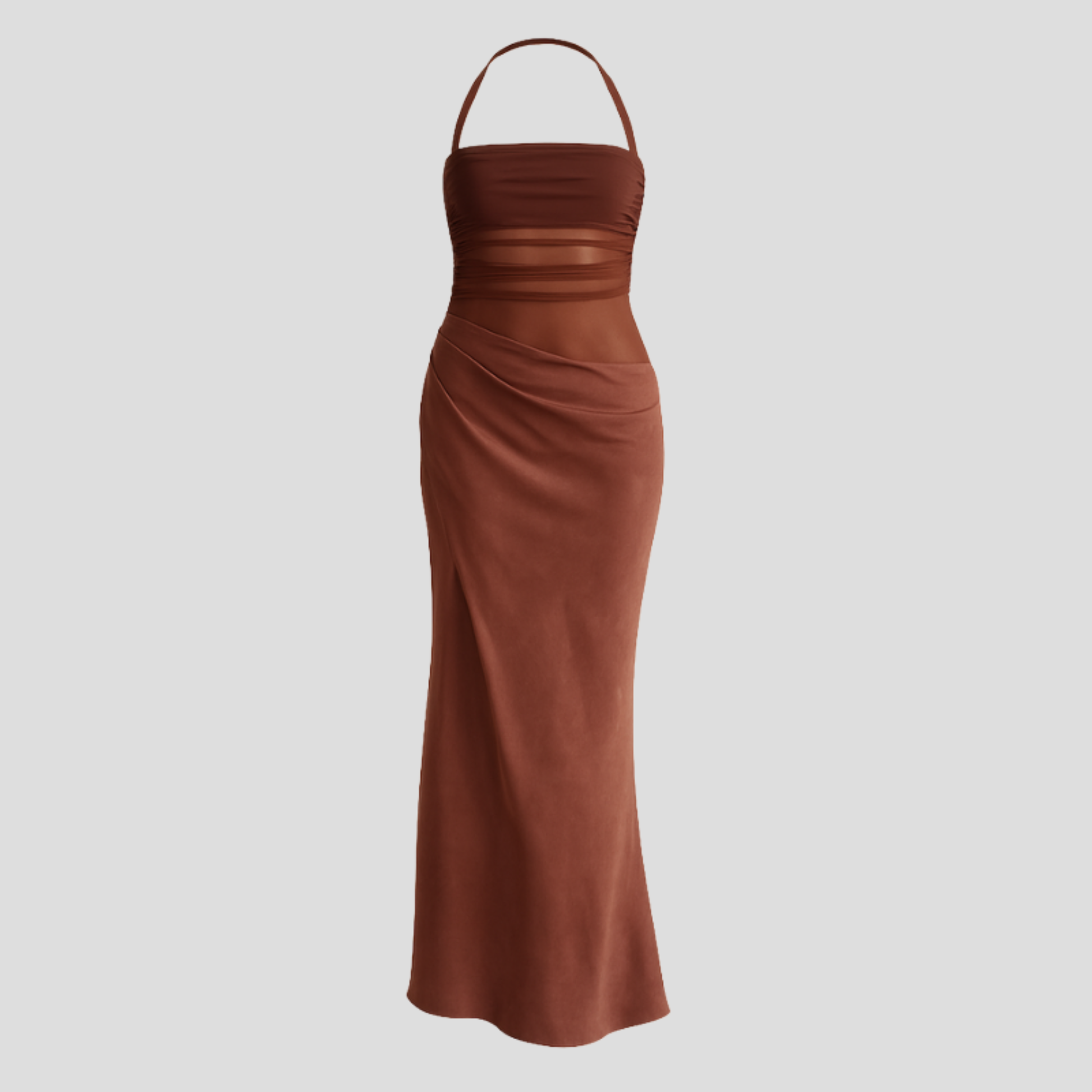 Brown maxi dress with sheer panel detailing and a draped flowing skirt