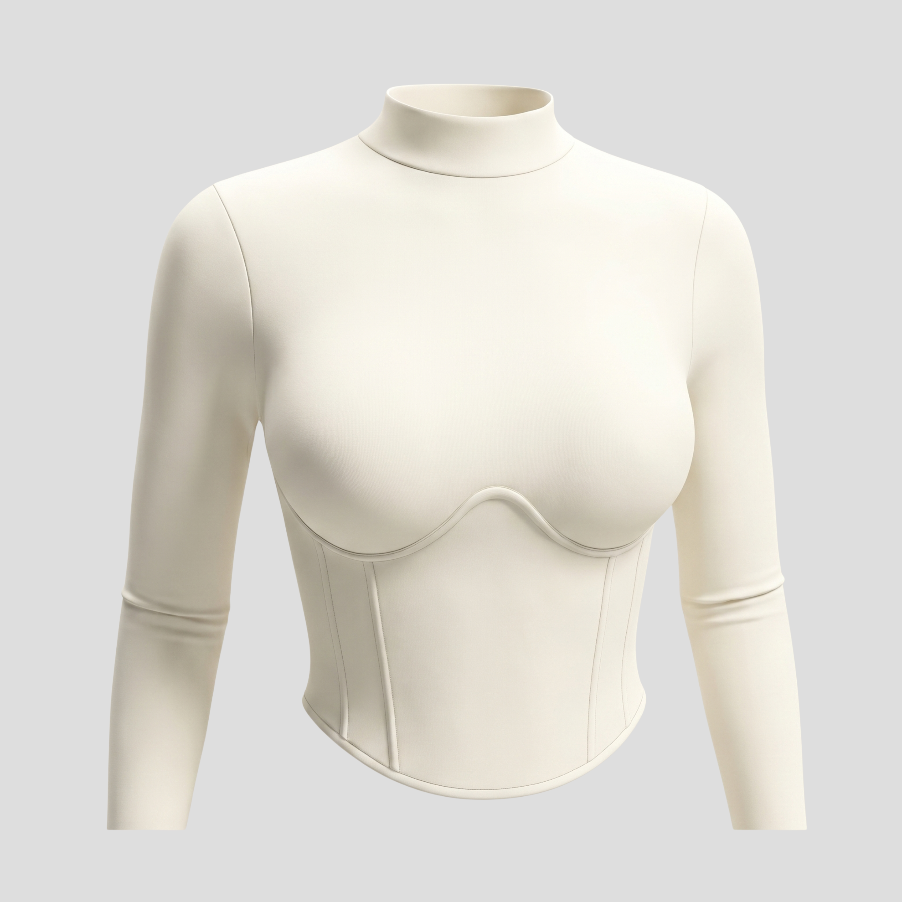 Women's long-sleeve top with high neckline and corset seam detailing in black and white