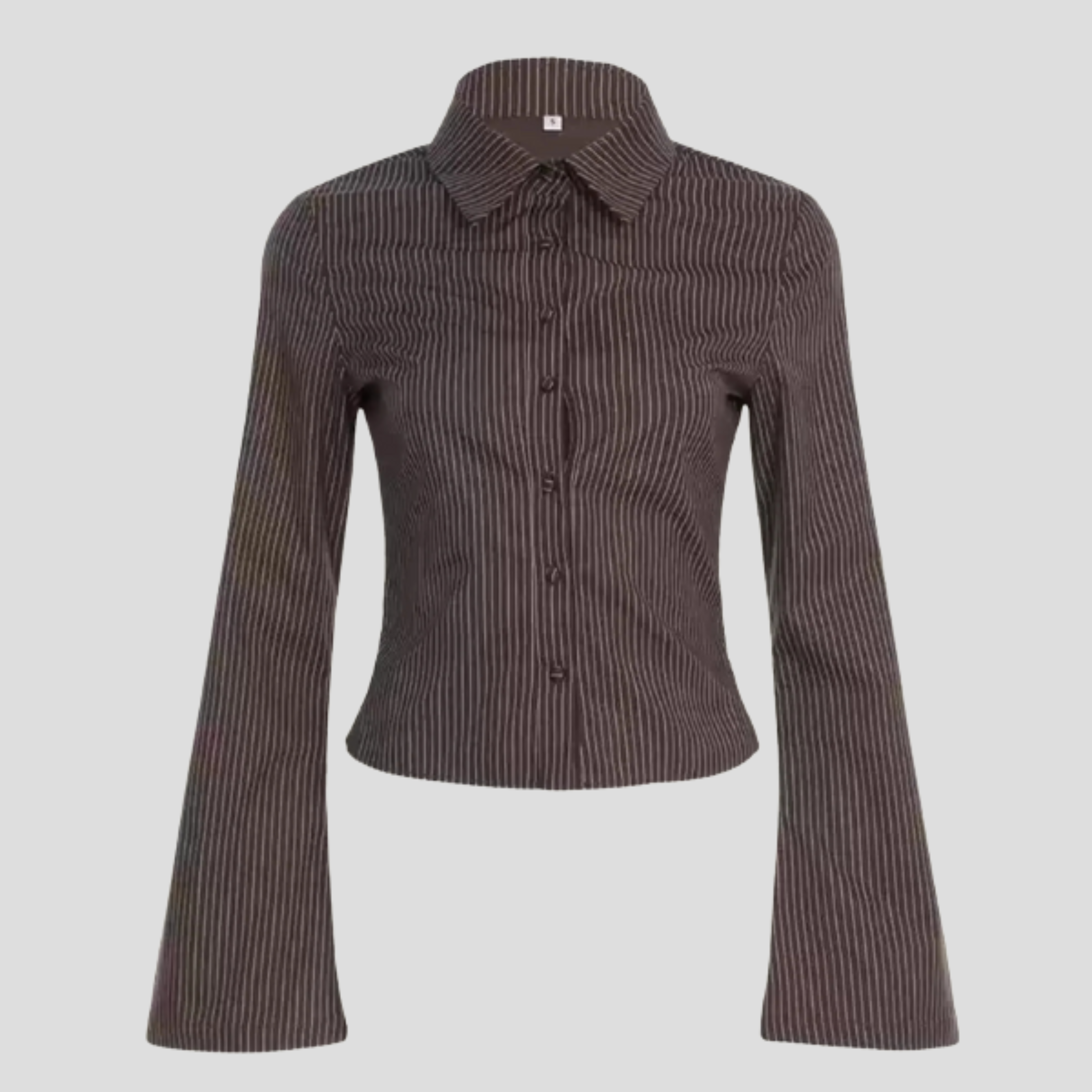 Women's brown pinstripe fitted shirt with tailored contoured lines
