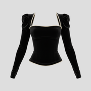 Black puff sleeve corset top with pearl detailing for occasion wear