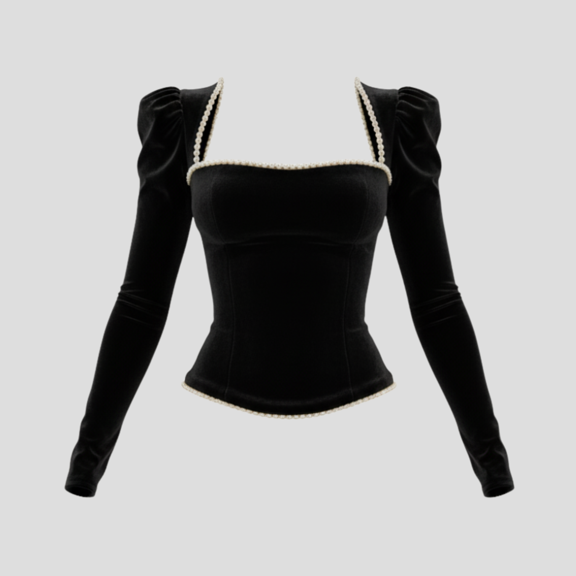 Black puff sleeve corset top with pearl detailing for occasion wear