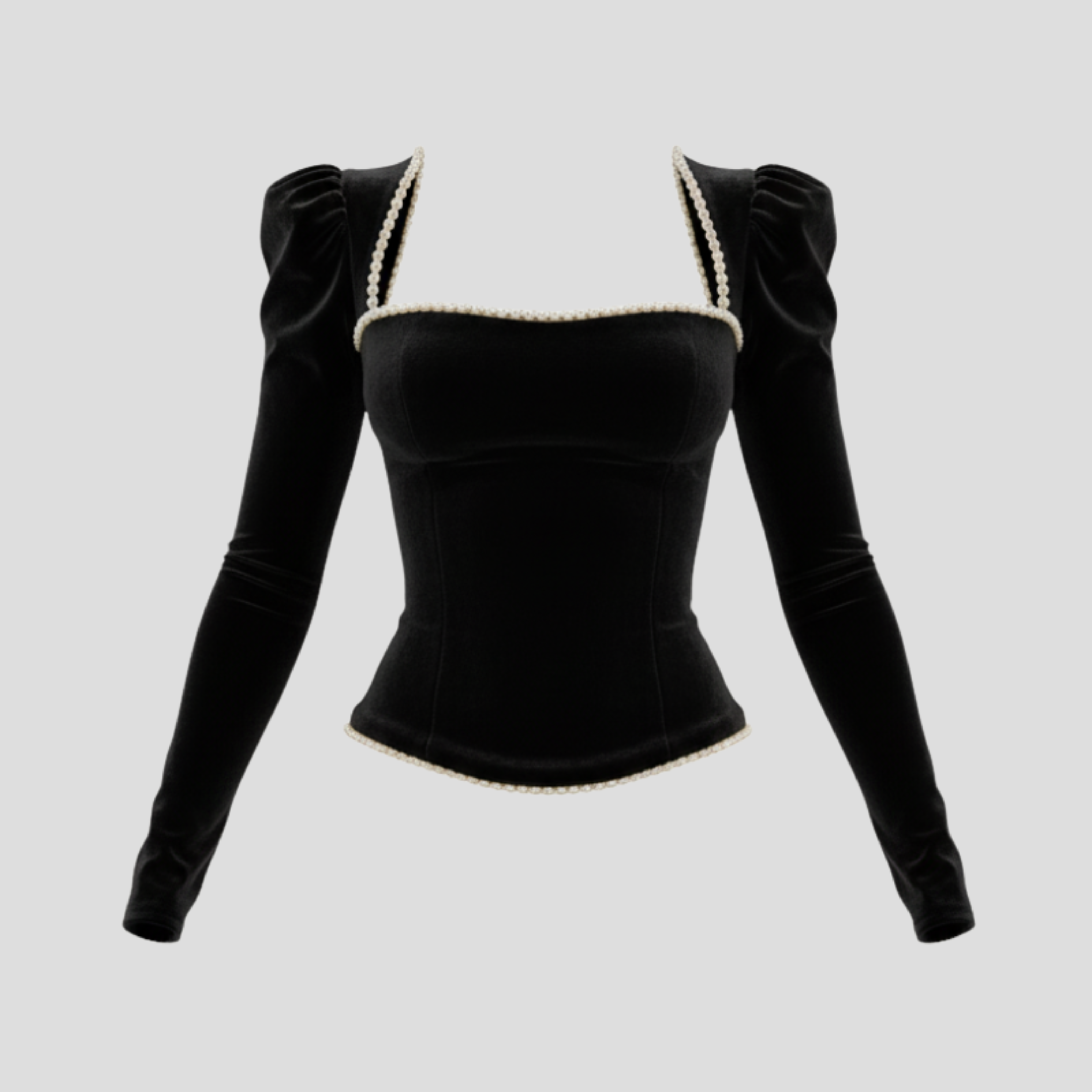 Black puff sleeve corset top with pearl detailing for occasion wear
