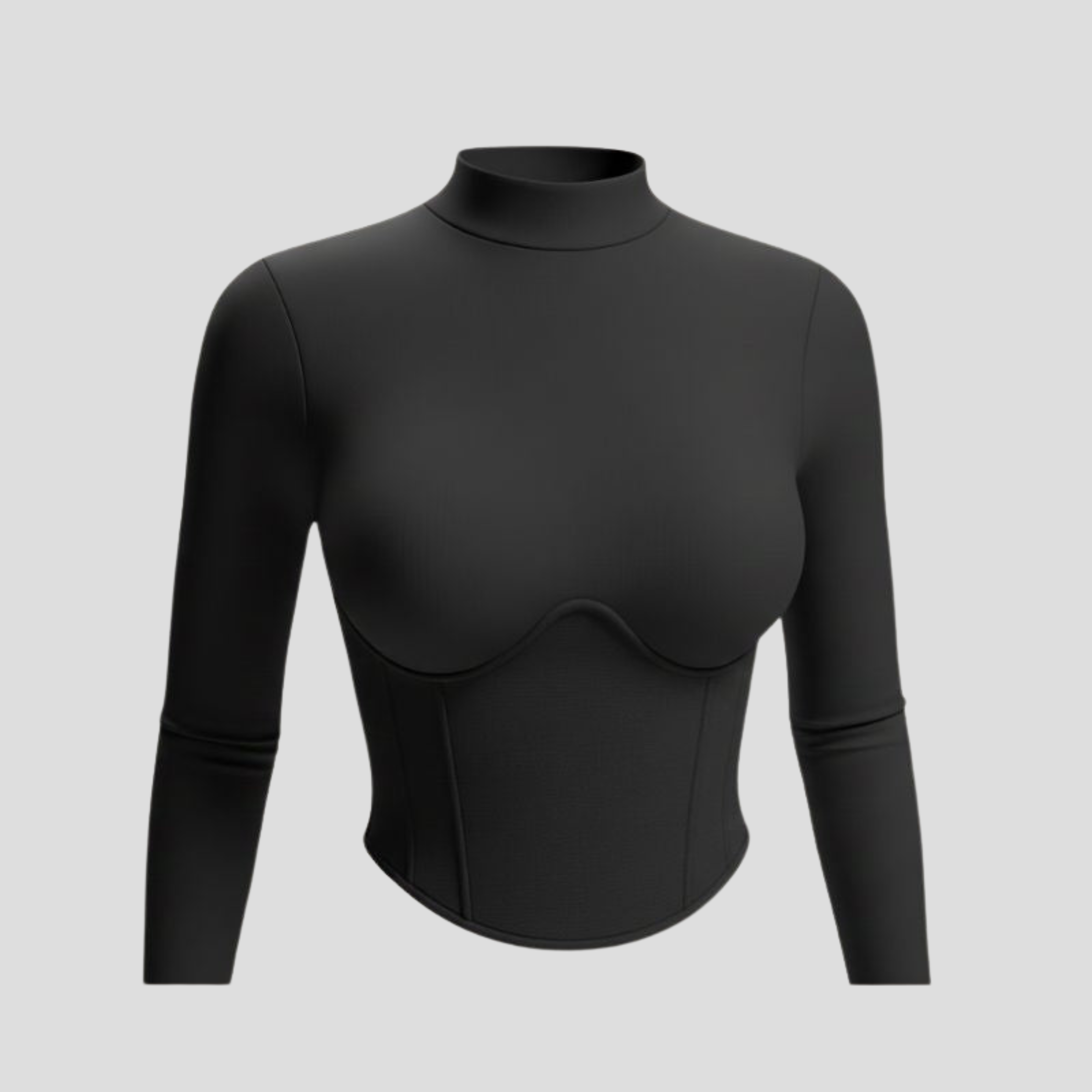 Women's long-sleeve top with high neckline and corset seam detailing in black and white