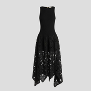 Black open-back midi dress with floral pattern skirt and fitted bodice