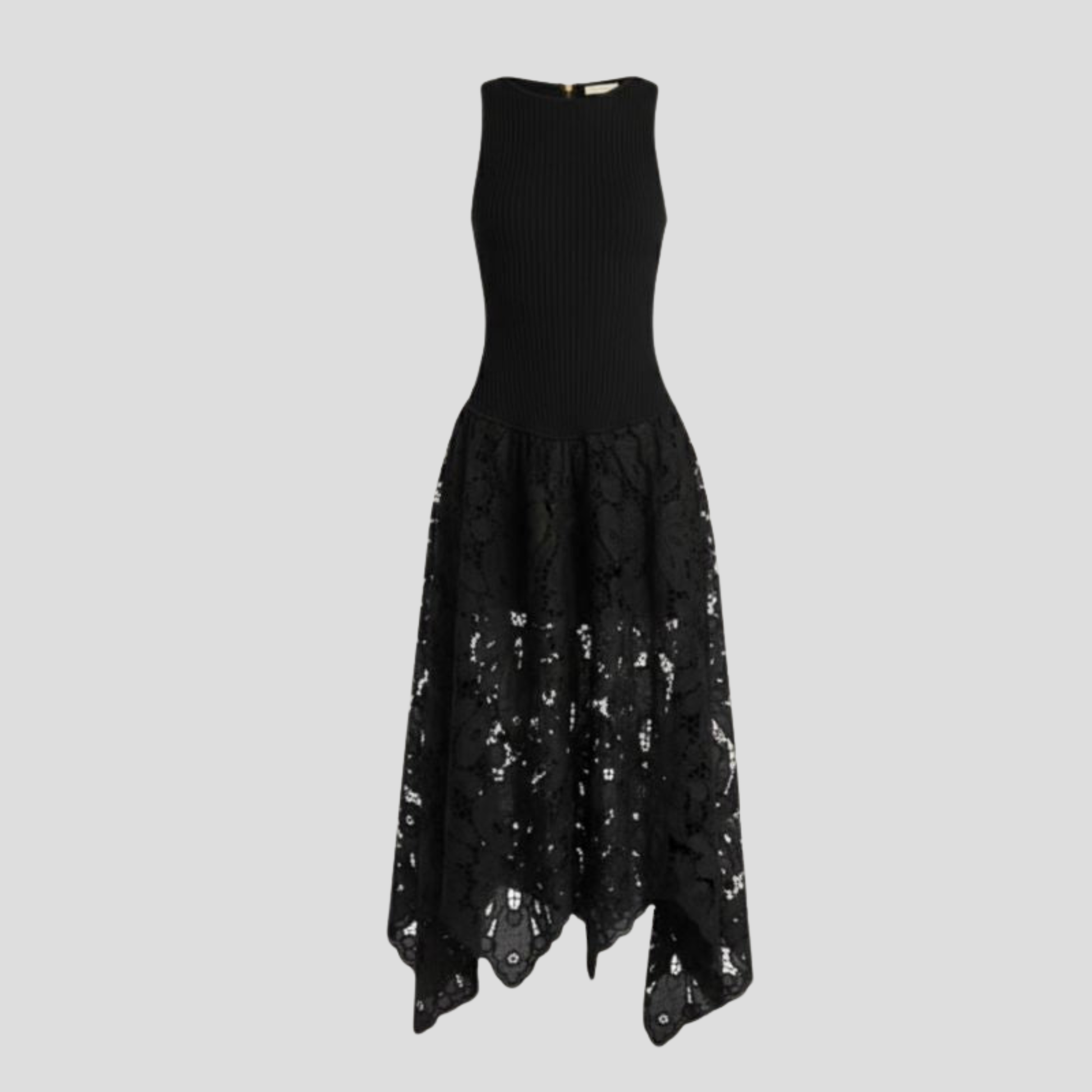 Black open-back midi dress with floral pattern skirt and fitted bodice