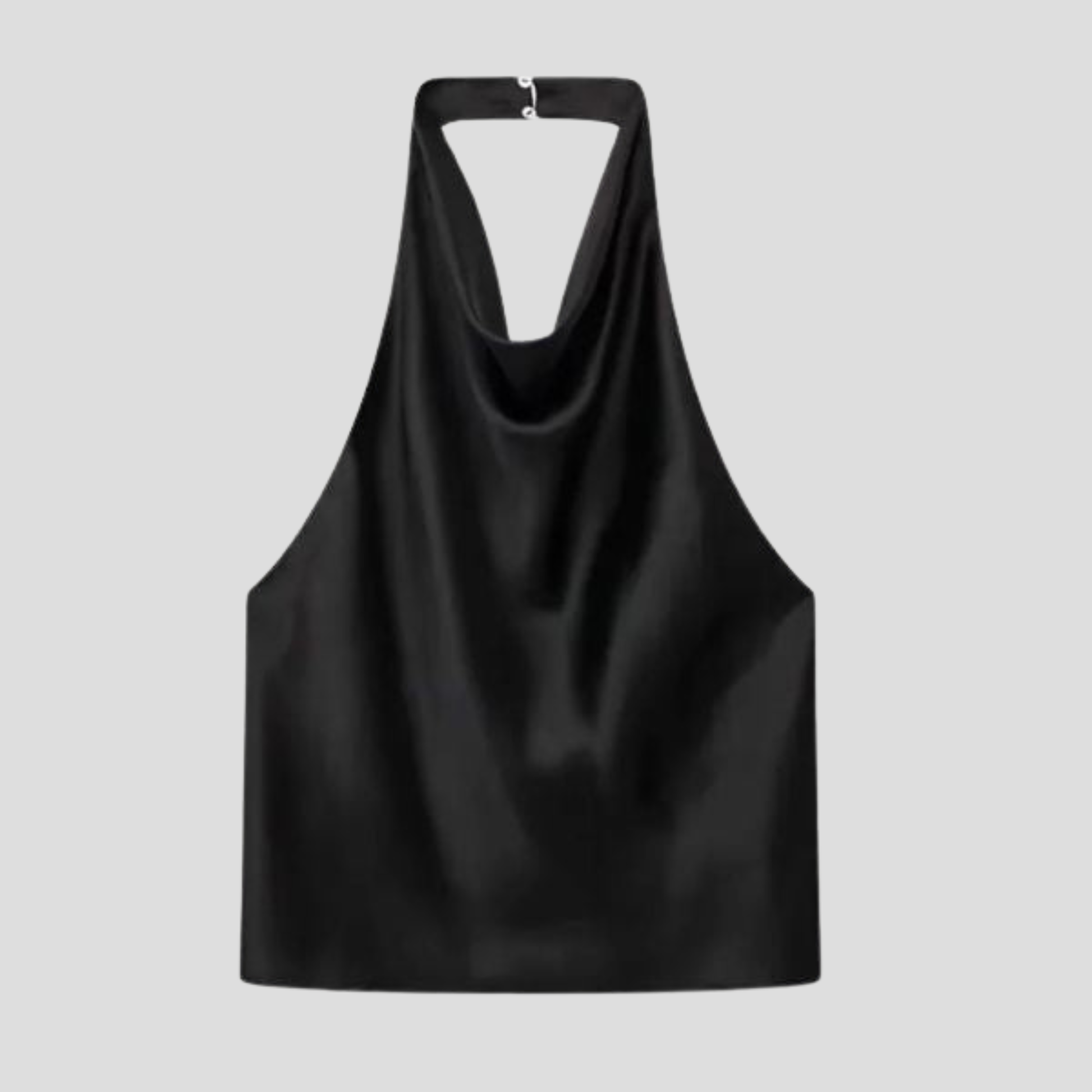 Women's halter neck top with draped neckline and back button detail in brown, white and black