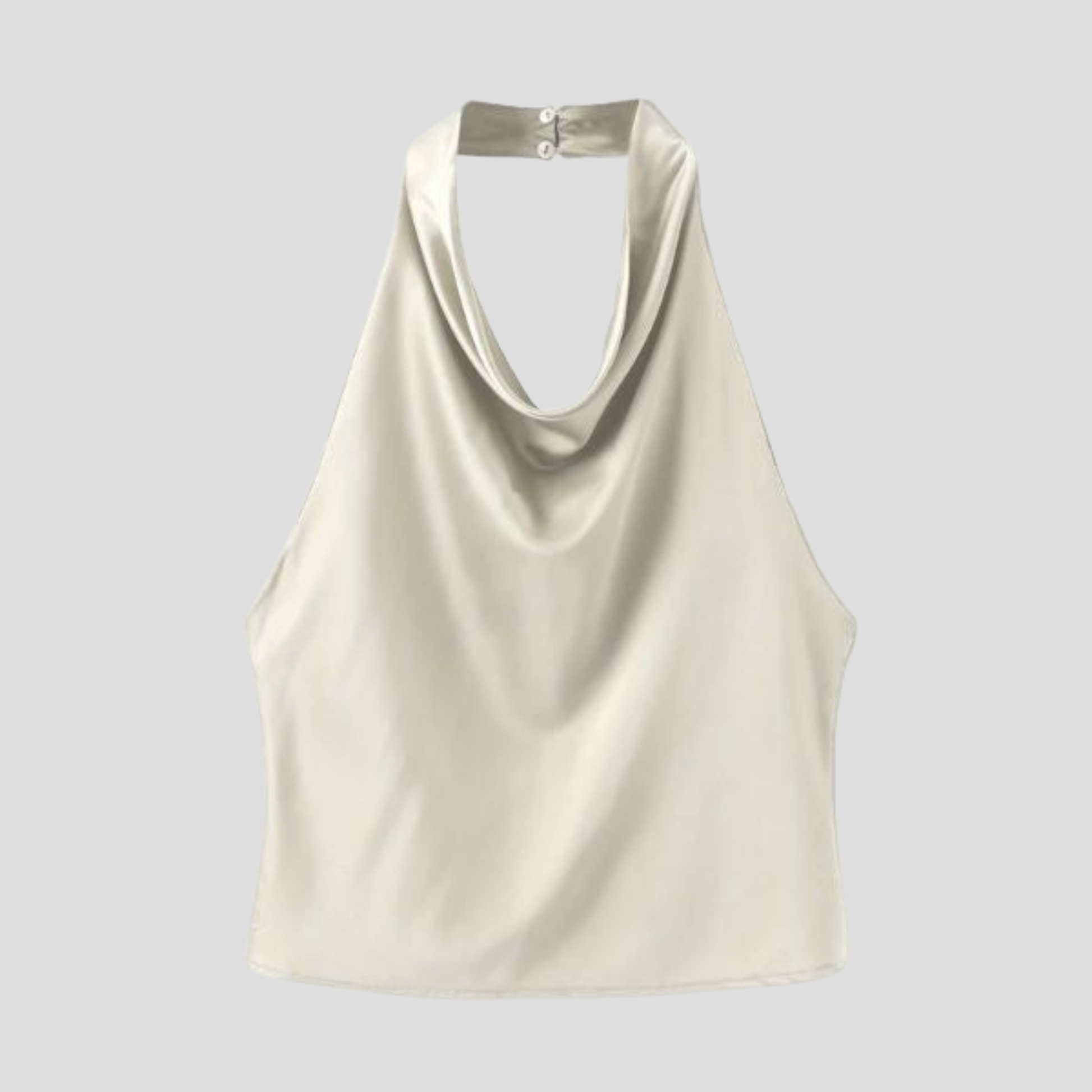 Women's halter neck top with draped neckline and back button detail in brown, white and black