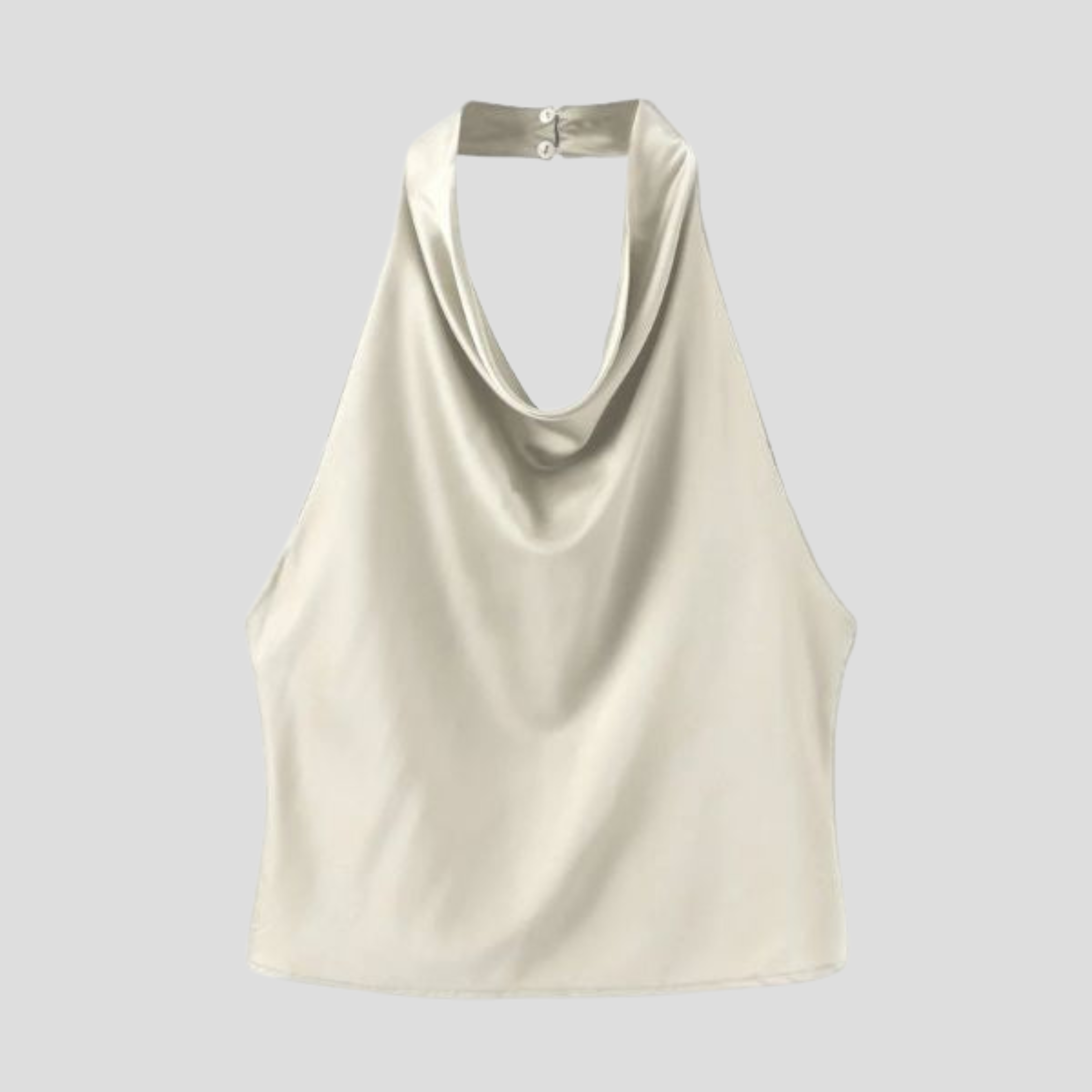 Women's halter neck top with draped neckline and back button detail in brown, white and black