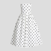 White strapless polka-dot midi dress with pleated A-line skirt
