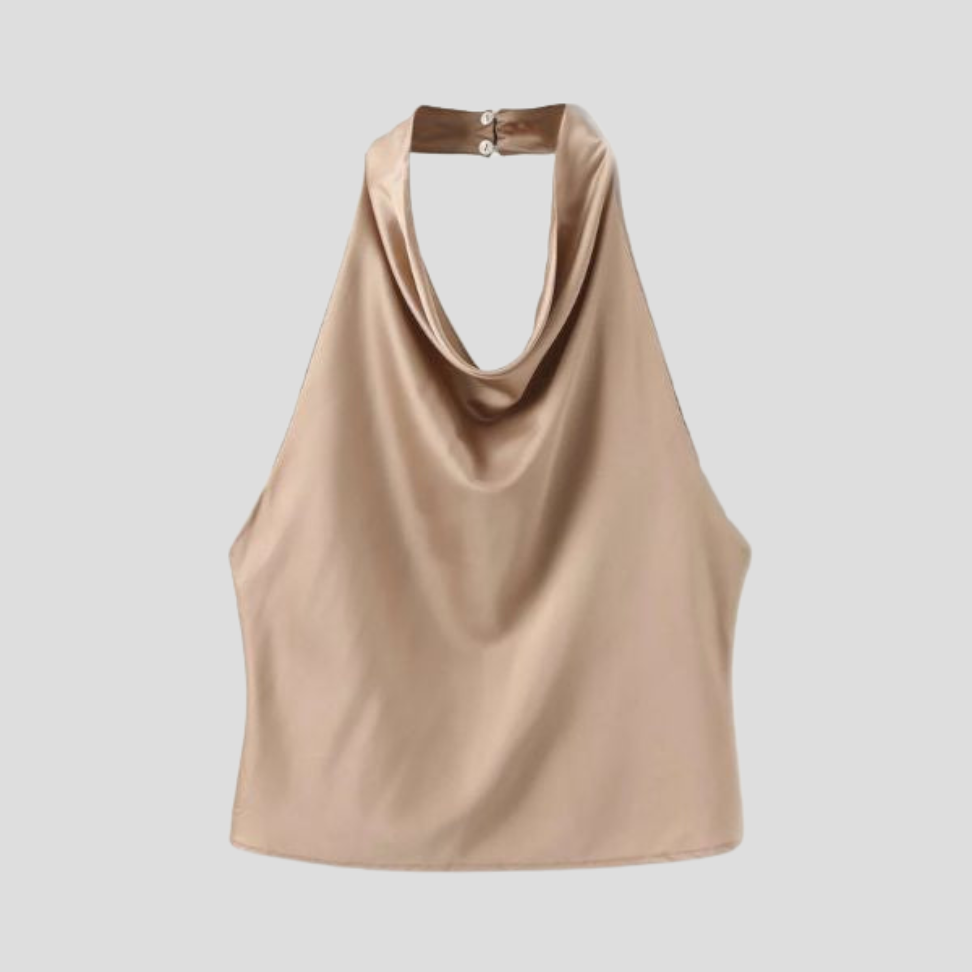 Women's halter neck top with draped neckline and back button detail in brown, white and black