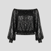 Women's off-shoulder sequin blouse with gathered neckline in black and gold
