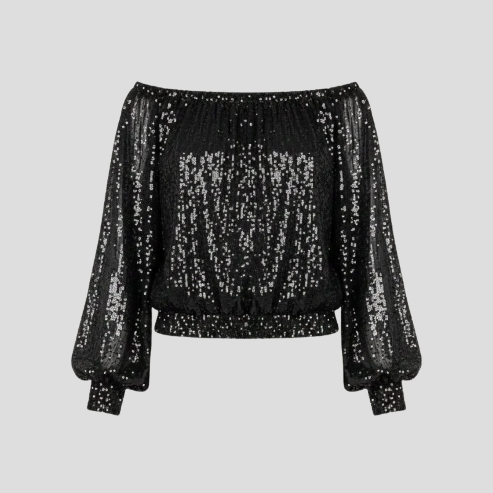 Women's off-shoulder sequin blouse with gathered neckline in black and gold