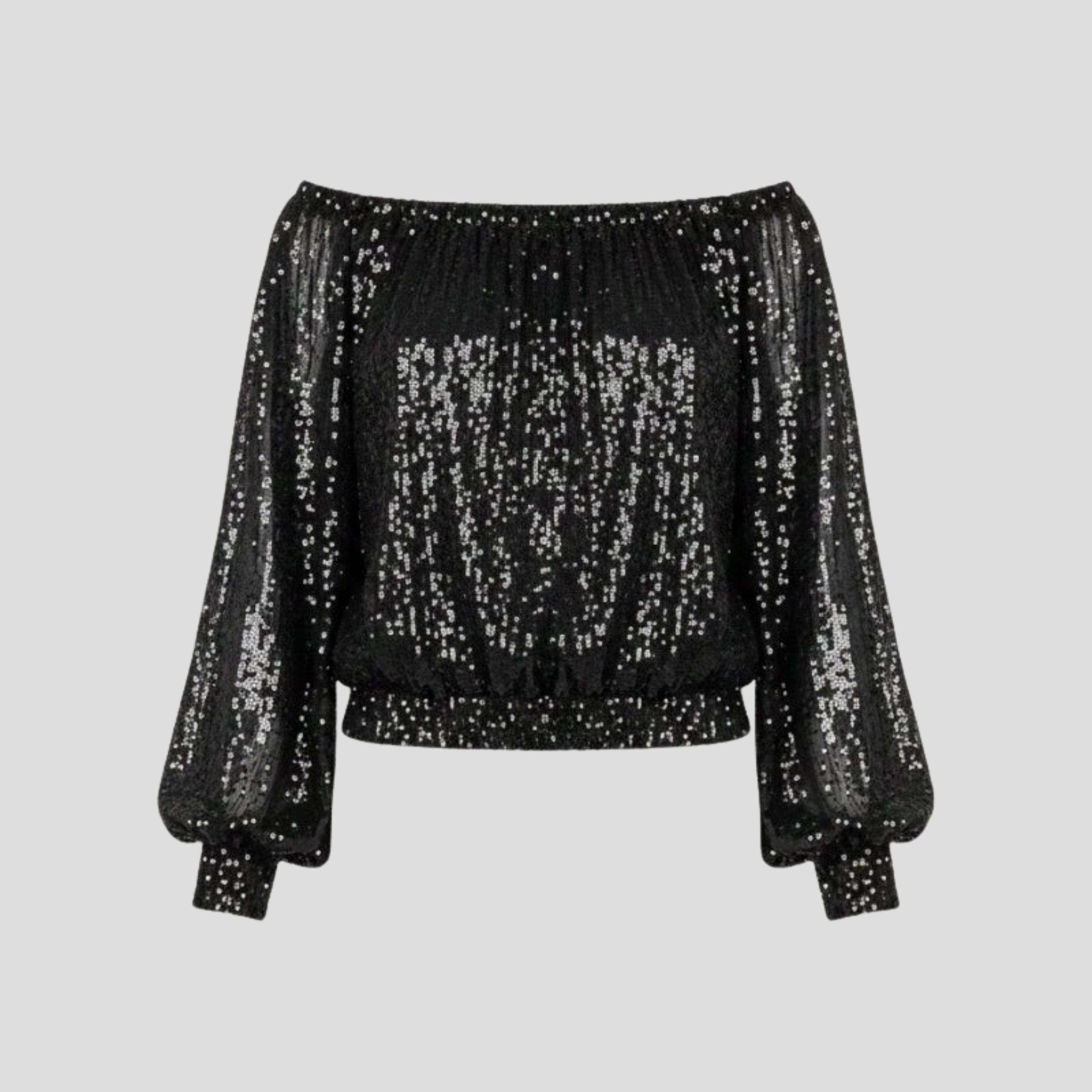 Women's off-shoulder sequin blouse with gathered neckline in black and gold