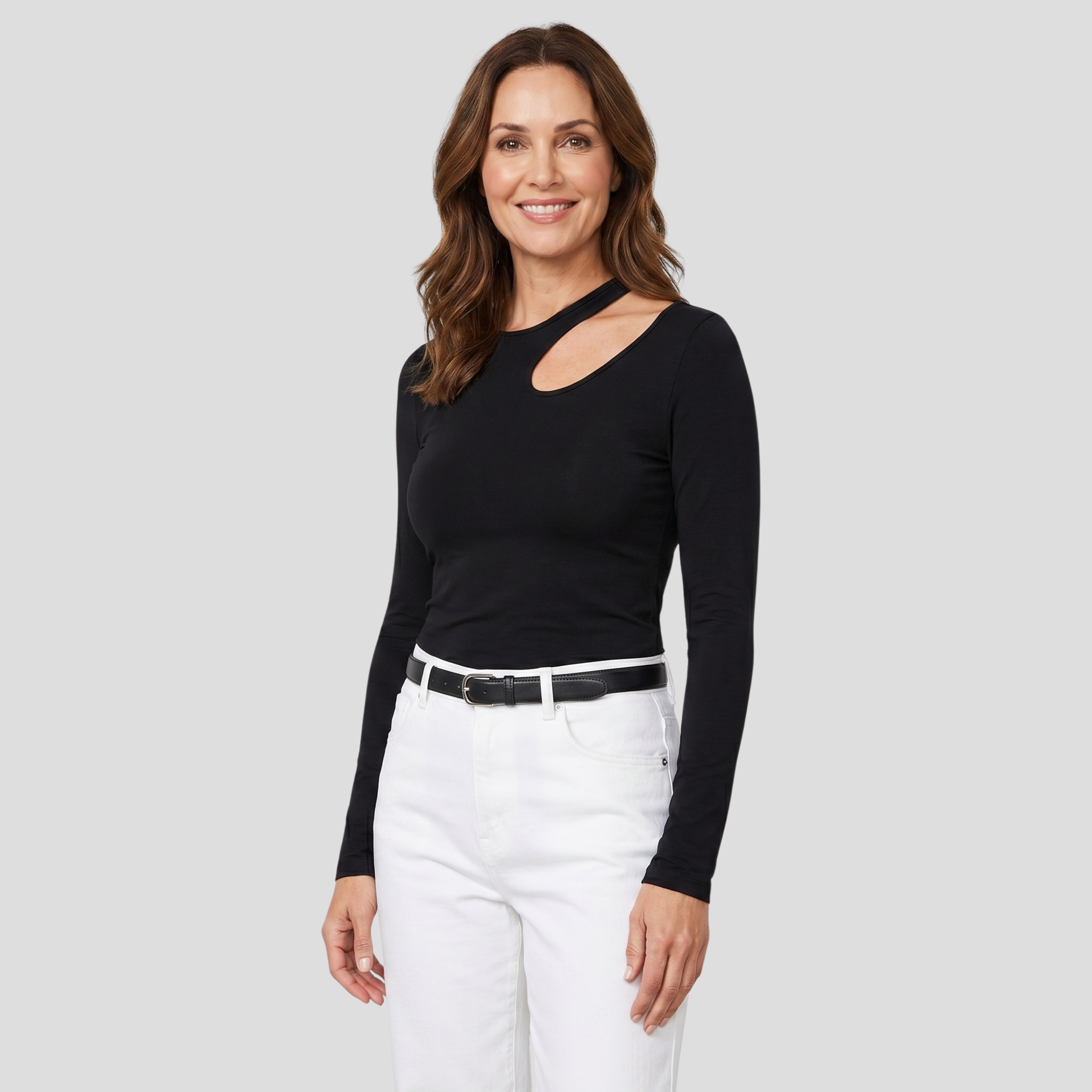 Black long-sleeve top with asymmetric neckline and shoulder cutout detail