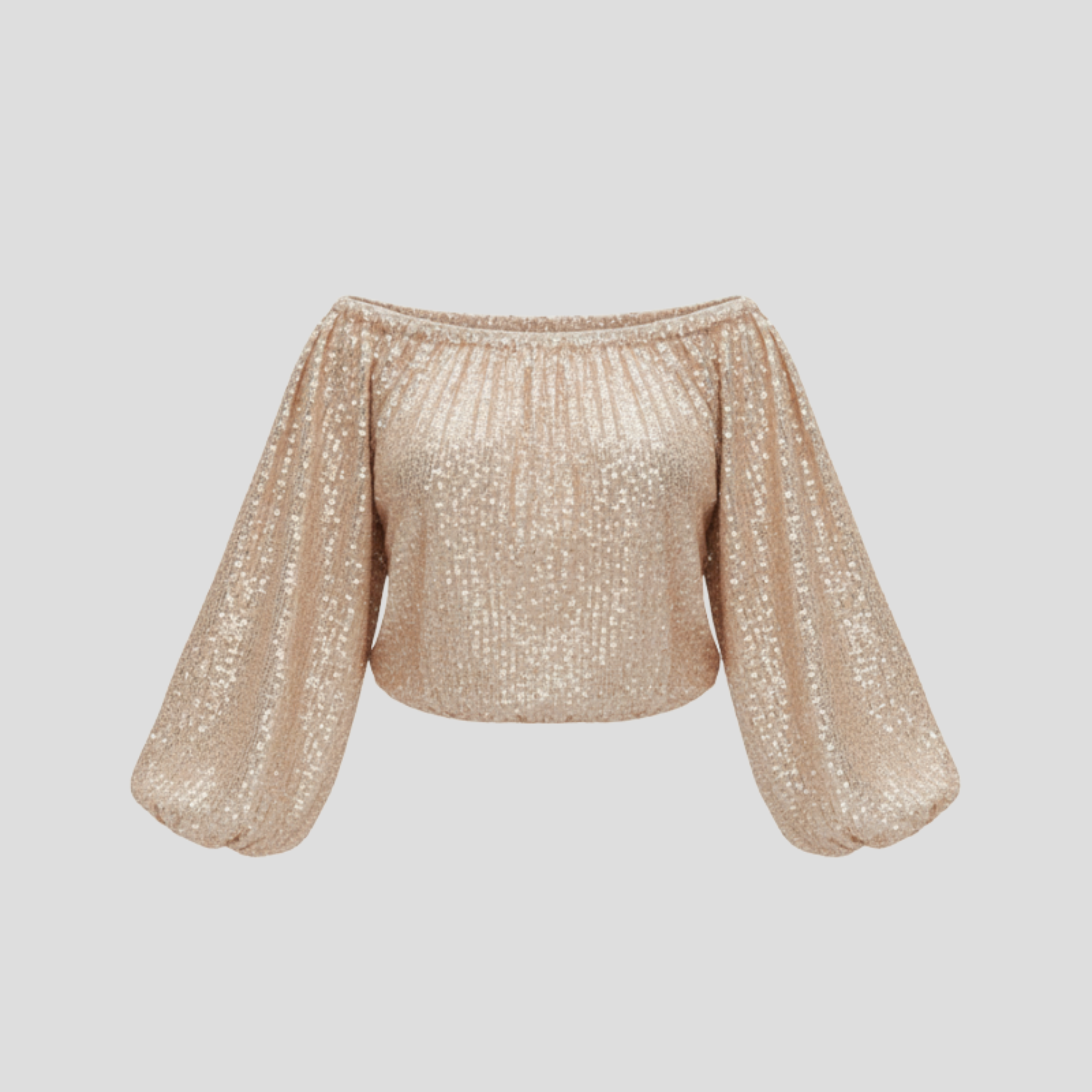 Women's off-shoulder sequin blouse with gathered neckline in black and gold