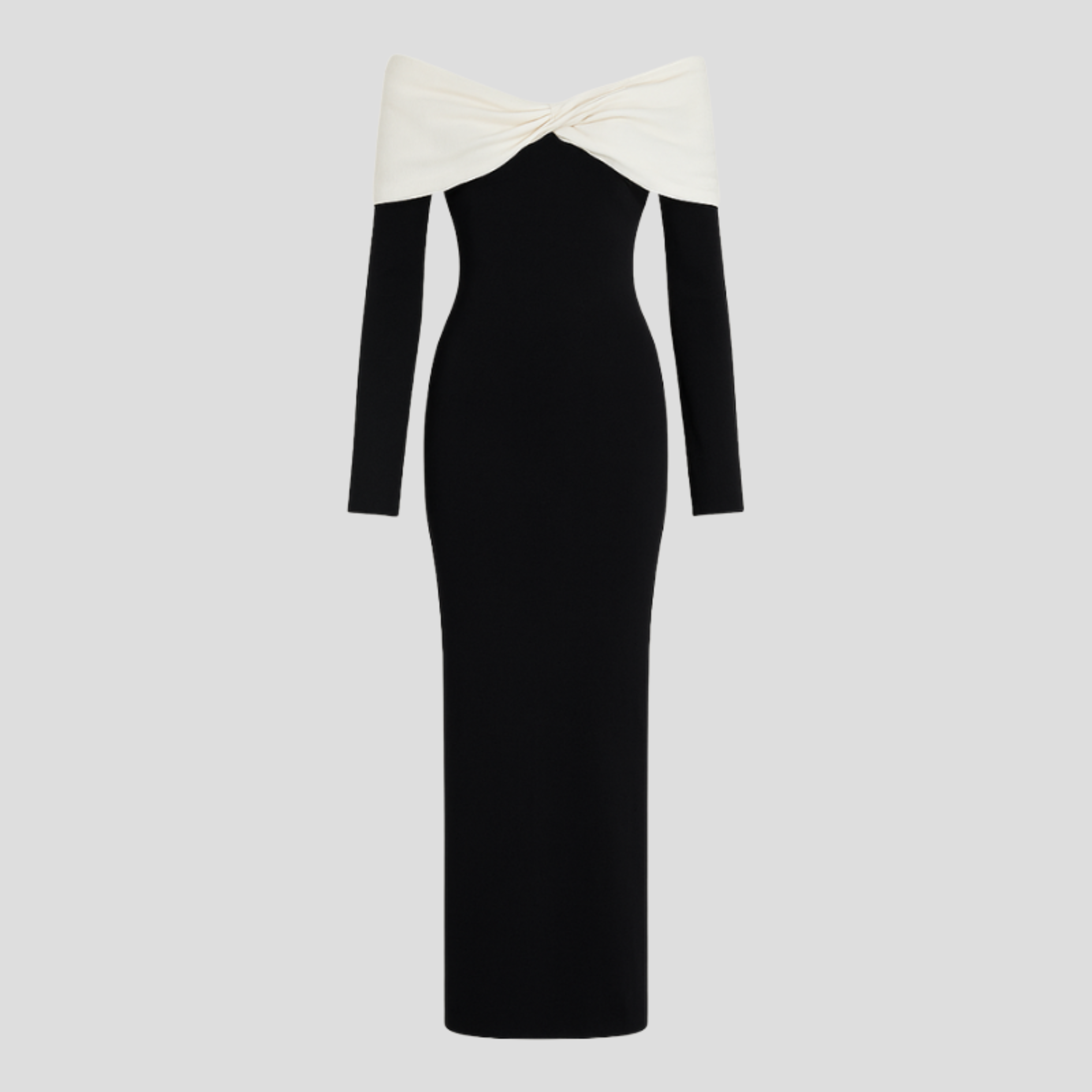 Black off-shoulder maxi dress with two-tone neckline detail and long sleeves