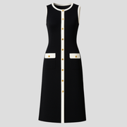 Black sleeveless midi dress with contrast trim edging and button-front detailing