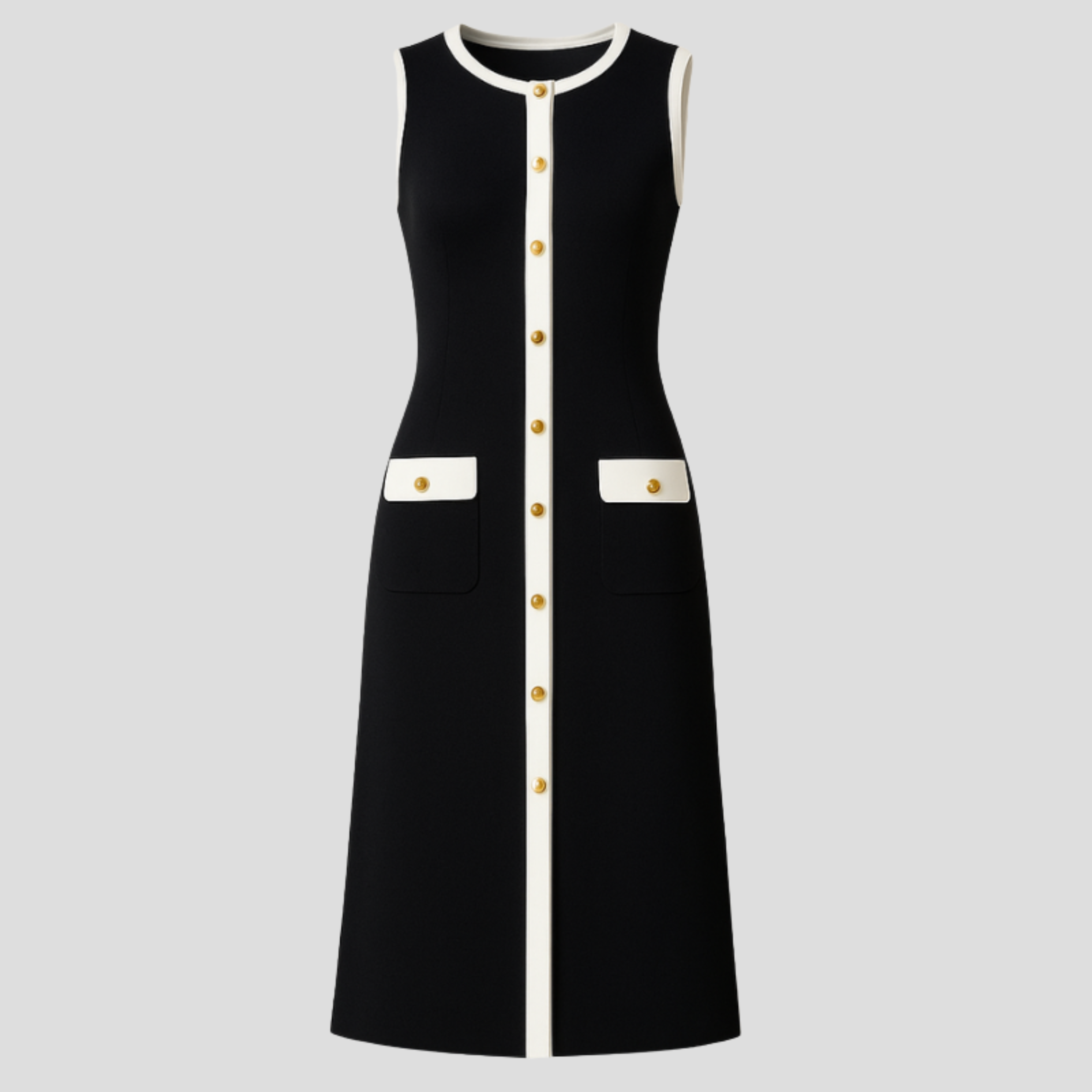 Black sleeveless midi dress with contrast trim edging and button-front detailing