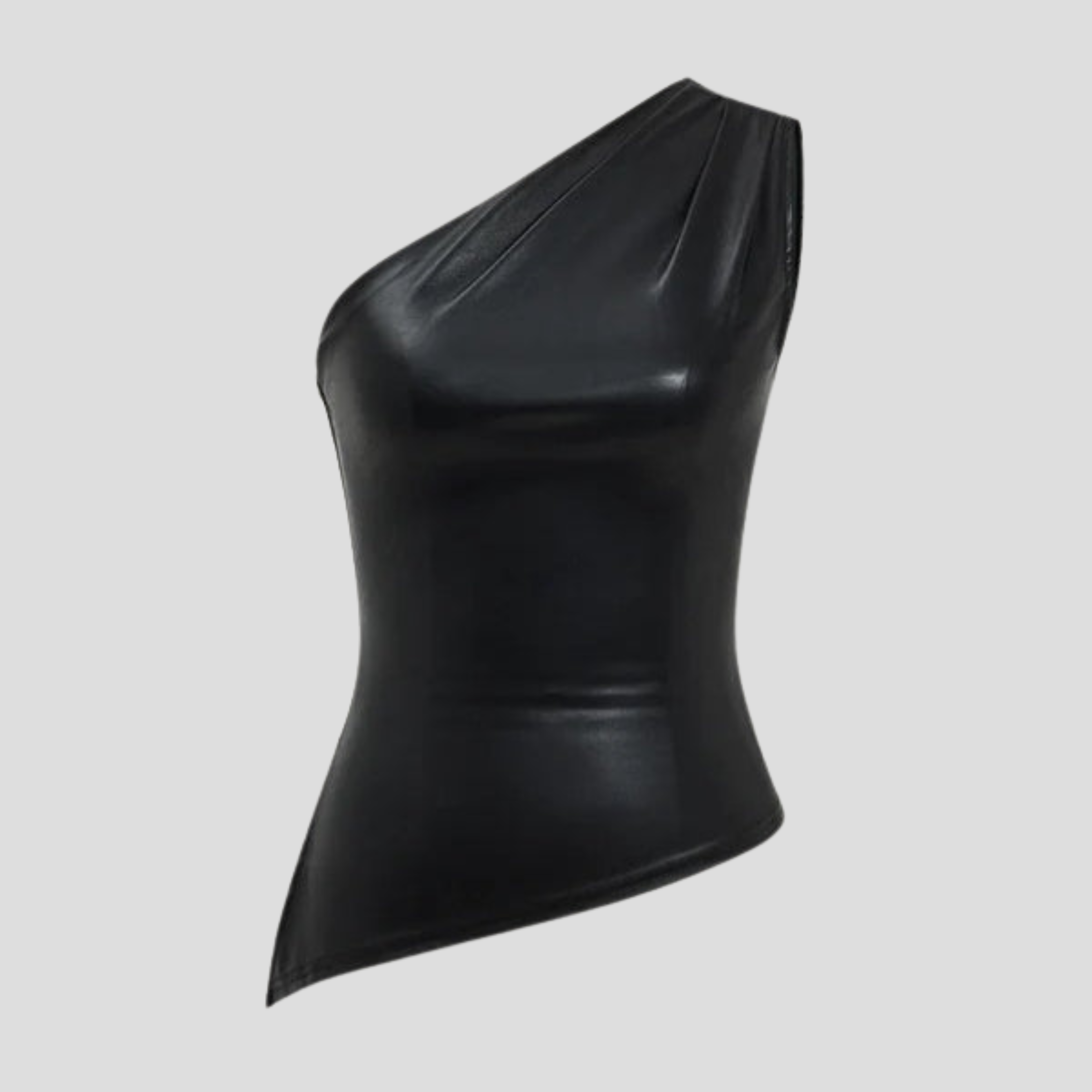 Black one-shoulder top with draped shoulder and asymmetric hem