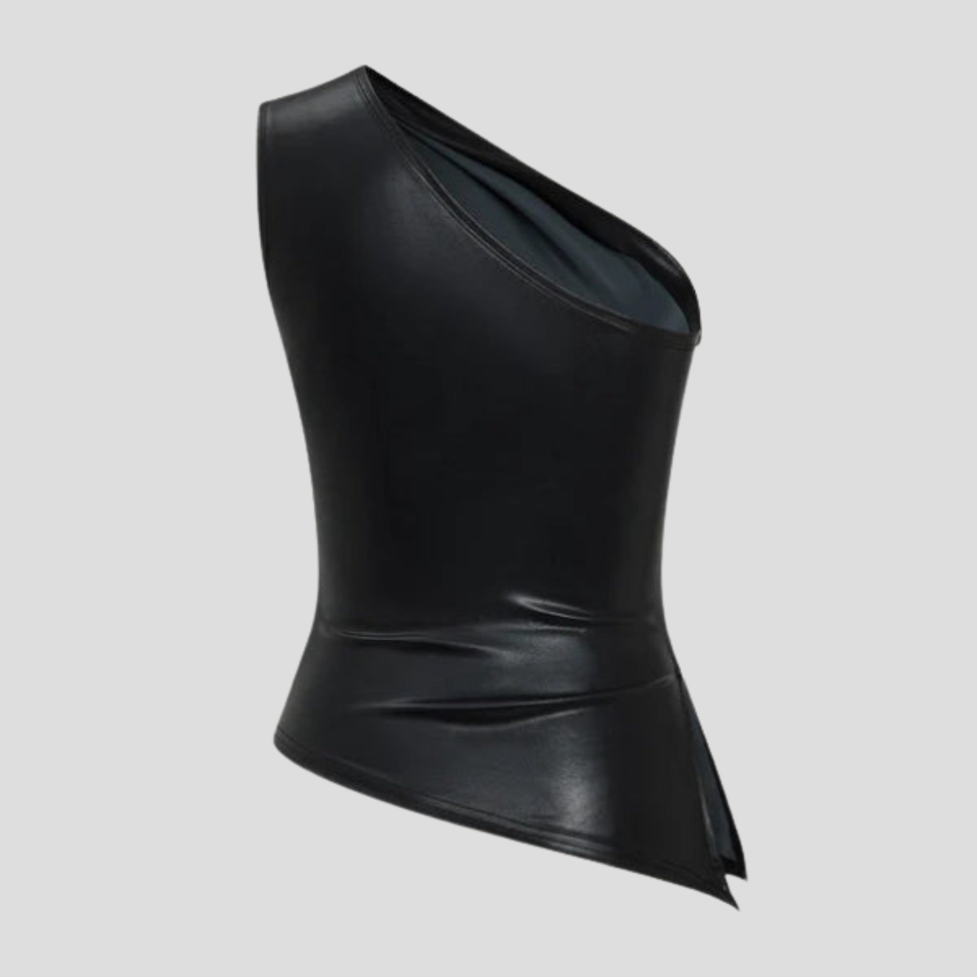 Black one-shoulder top with draped shoulder and asymmetric hem