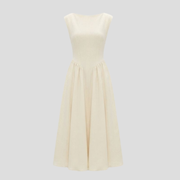 Women's high-neck midi dress with open-back cutout and pleated A-line skirt in black