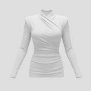 White women's cross-over wrap top with ruched waist detailing