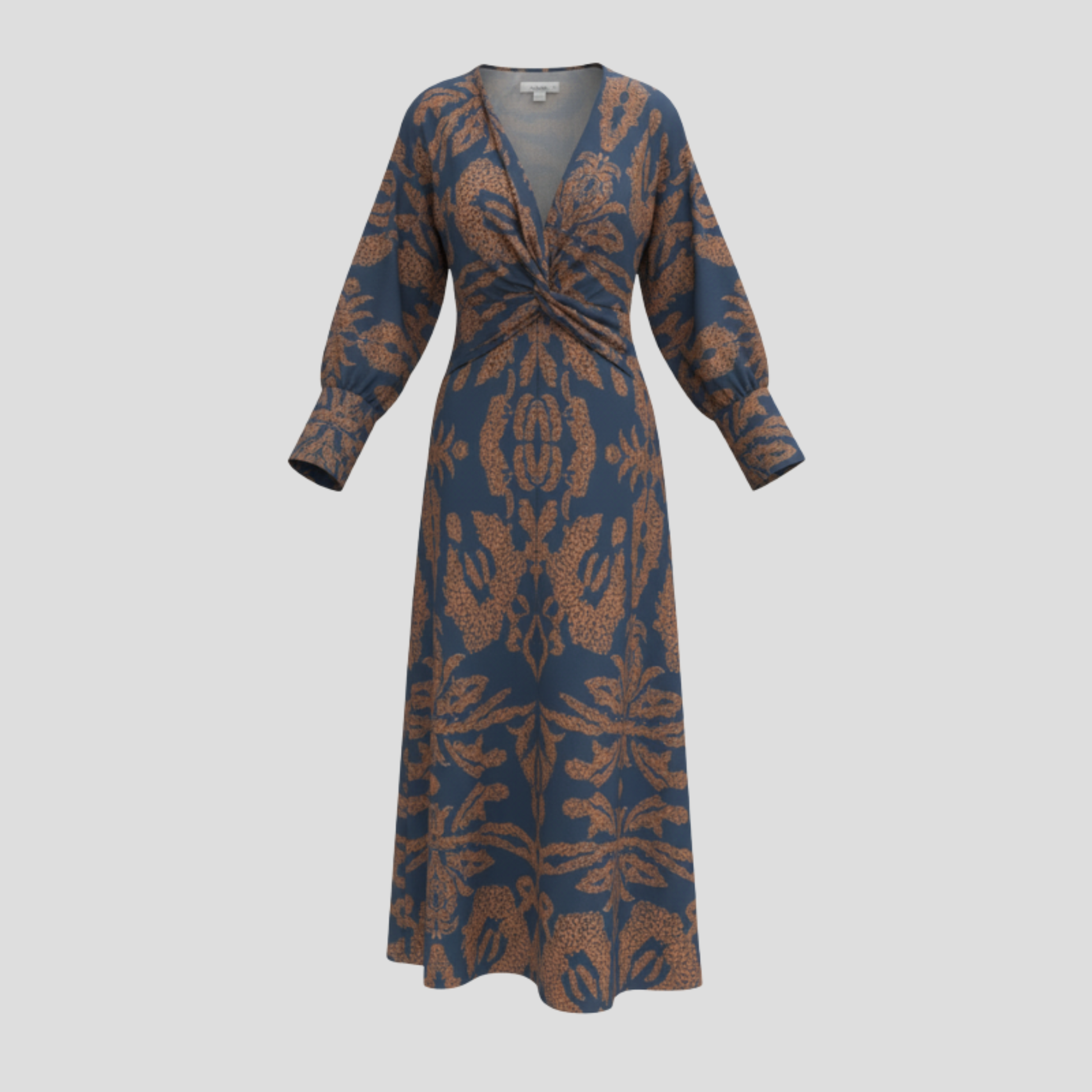 Women's flowing midi dress with contoured silhouette, shown in blue, green, red, and purple