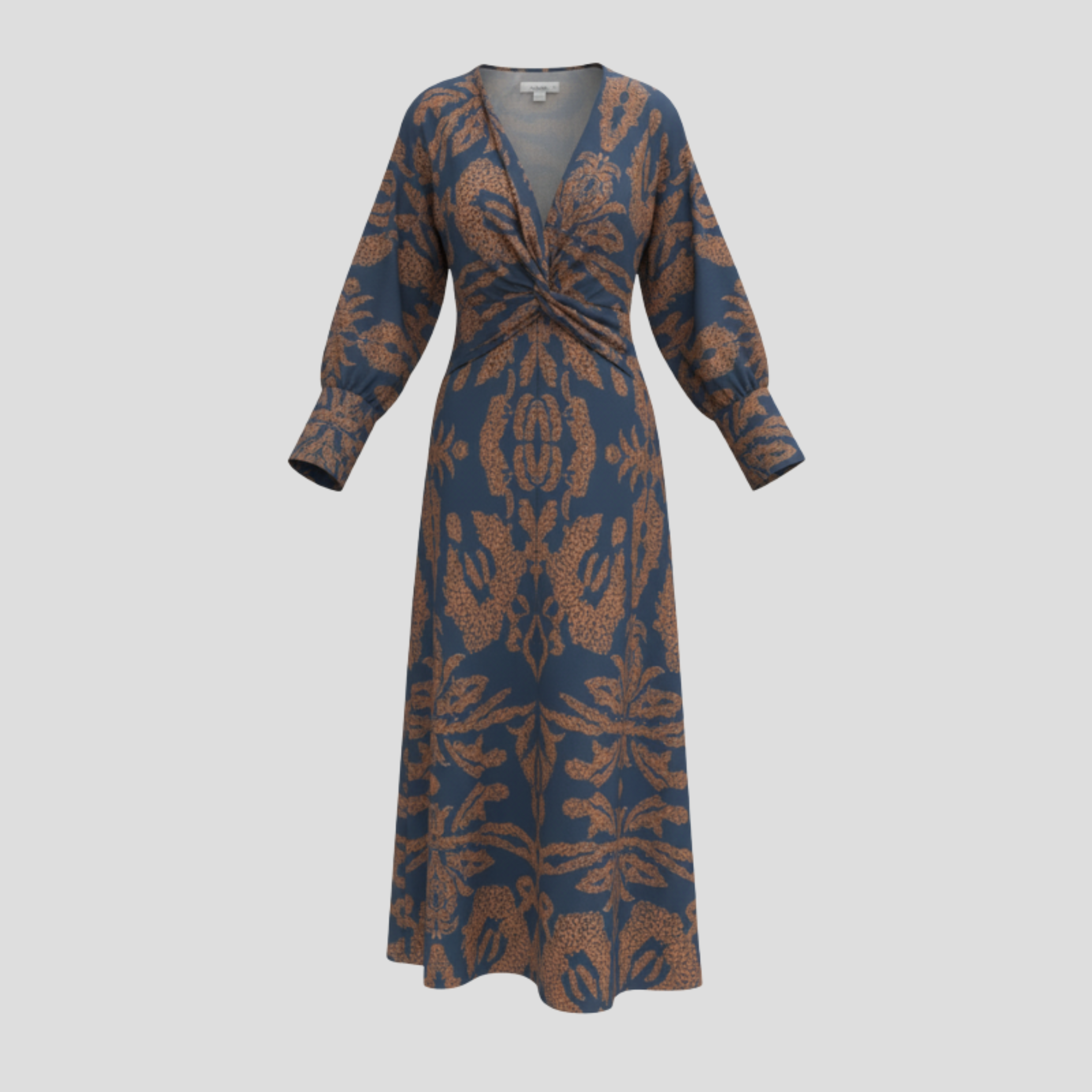 Women's flowing midi dress with contoured silhouette, shown in blue, green, red, and purple