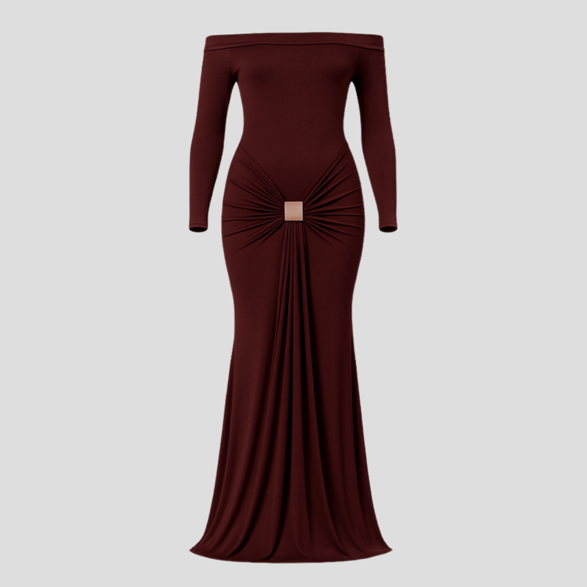 Women's off-shoulder long-sleeve maxi dress with front detail in black, brown and red