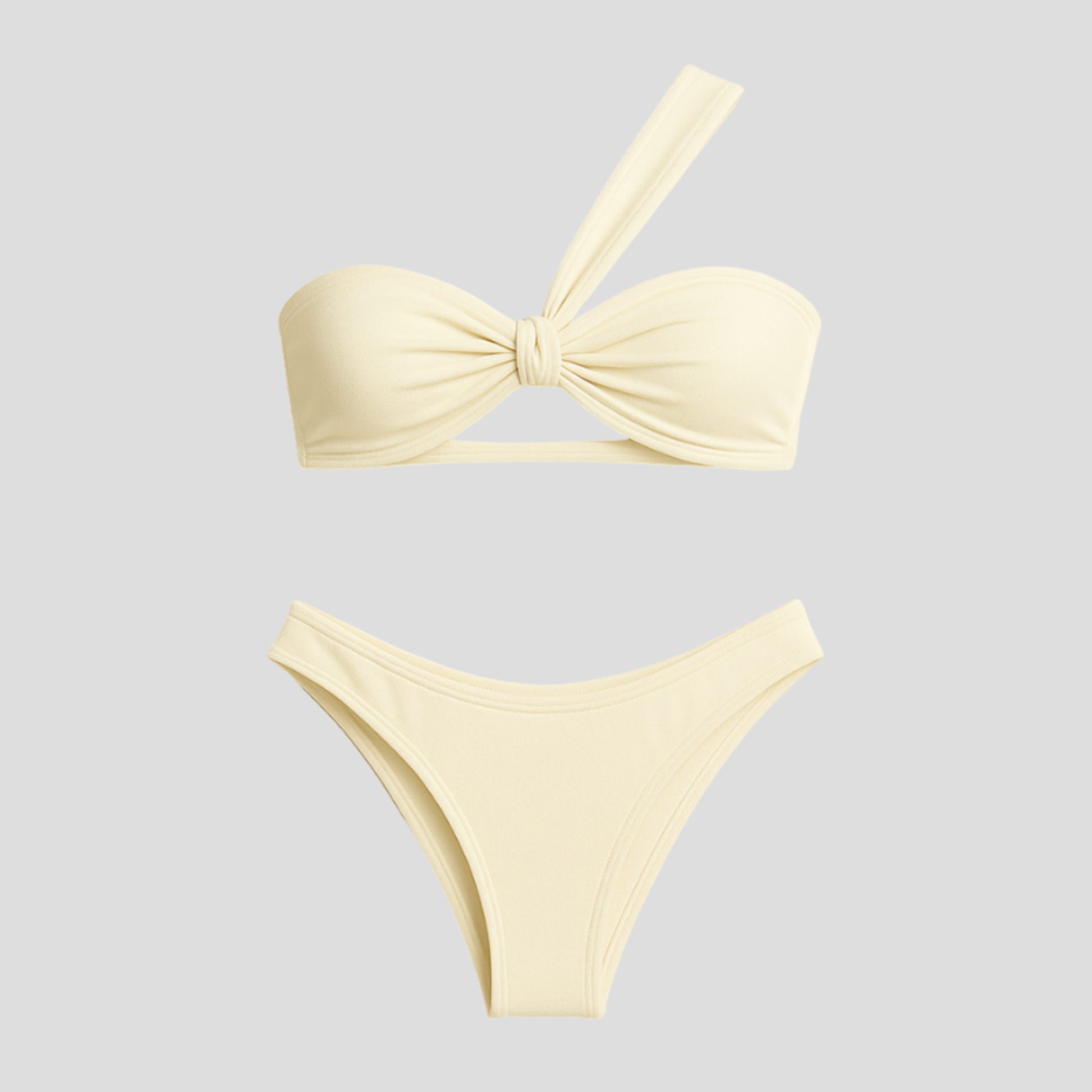 White one-shoulder bikini set with knot detail on the front