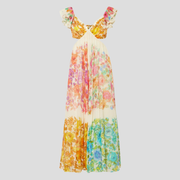 Yellow floral print flowing maxi dress with a flattering waist and elongated silhouette