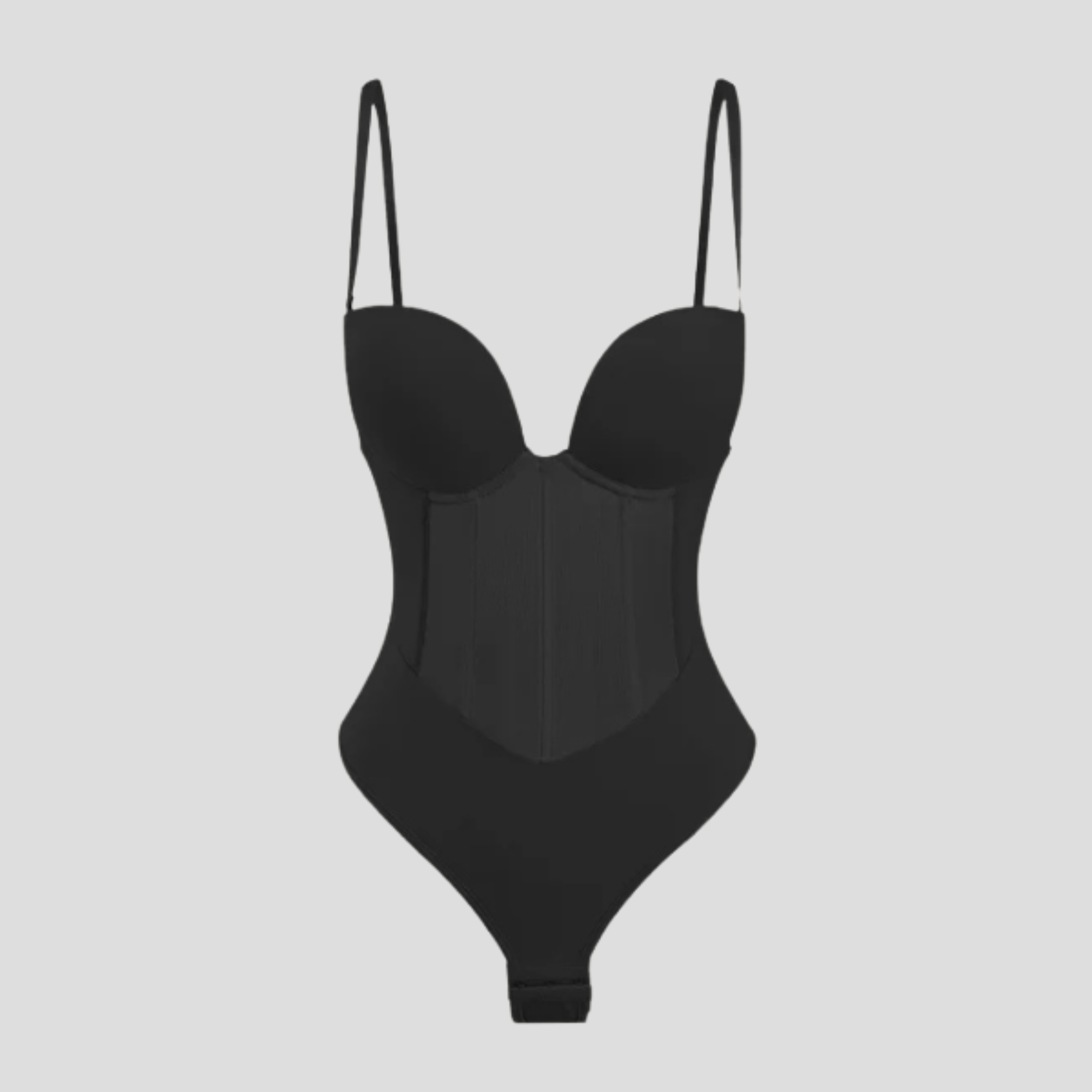 Women's contoured bodysuit with adjustable straps in black and beige
