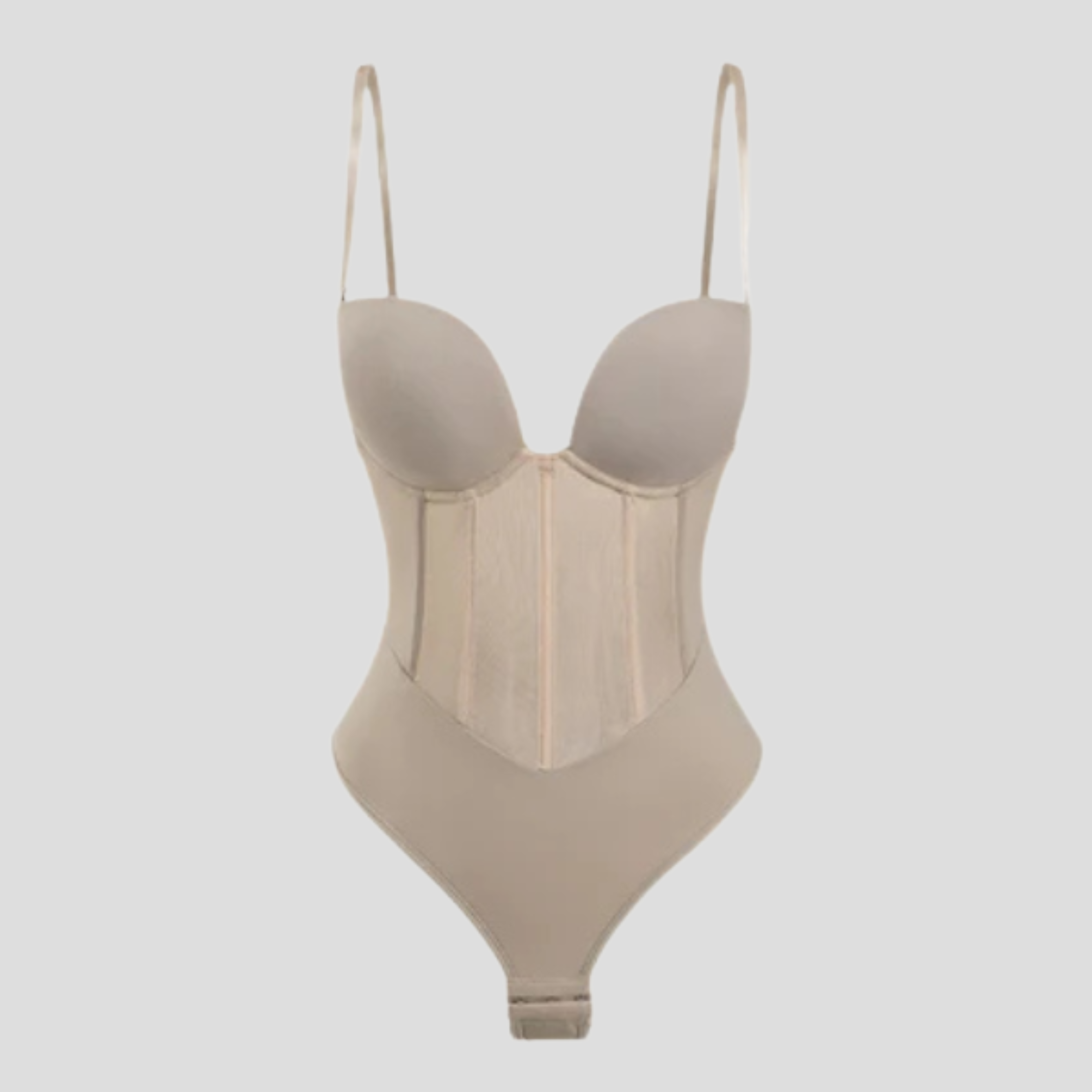 Women's contoured bodysuit with adjustable straps in black and beige