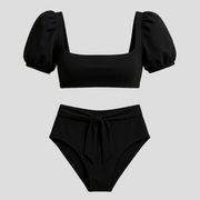 Black puff sleeve two-piece bikini set with waist-tie detail