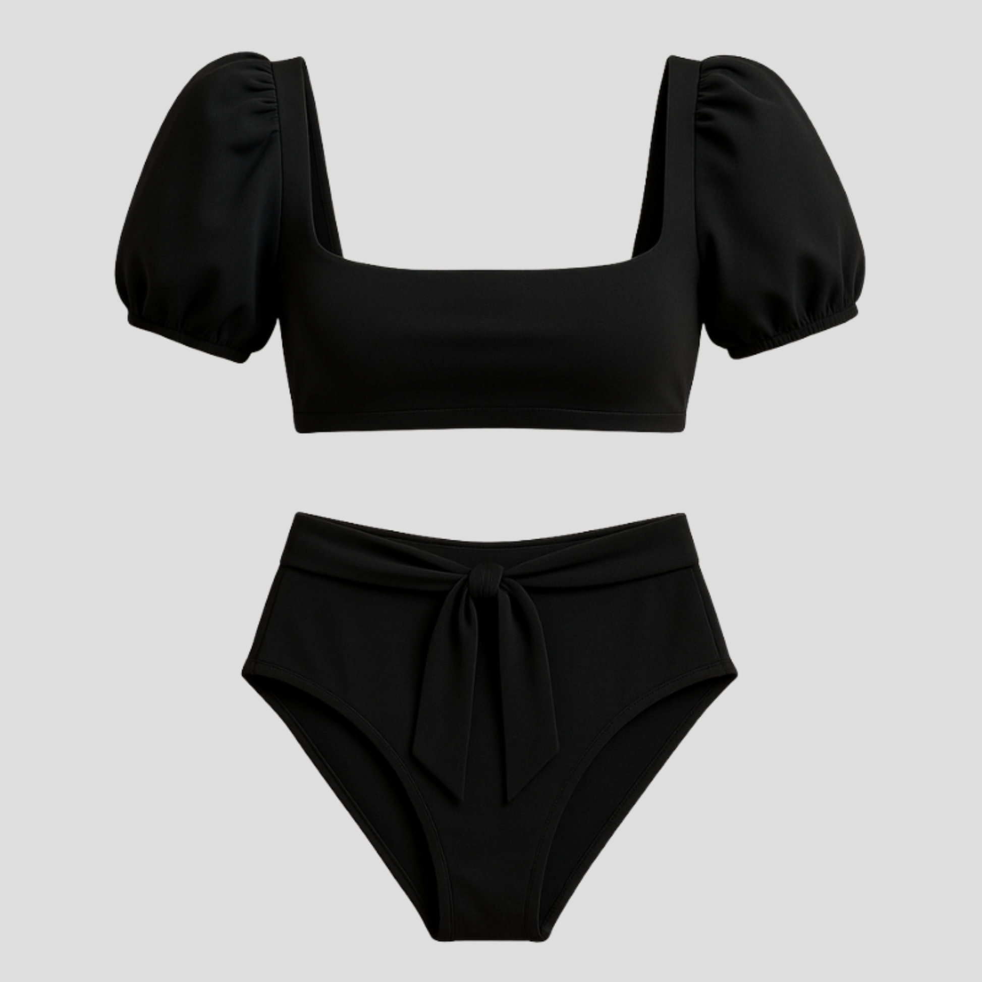 Black puff sleeve two-piece bikini set with waist-tie detail