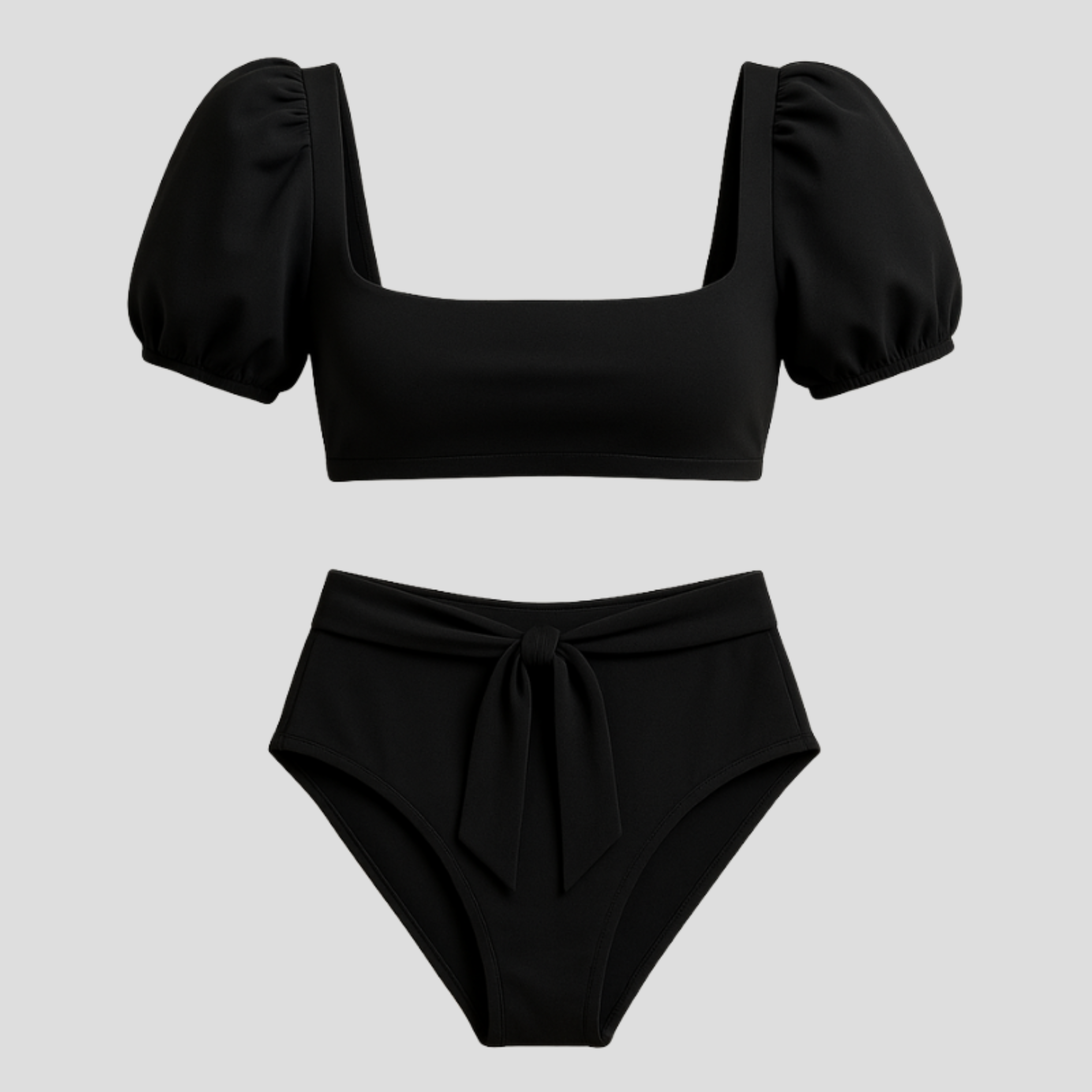 Black puff sleeve two-piece bikini set with waist-tie detail