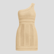 White women's mini dress with open pattern and elongated silhouette for occasion wear