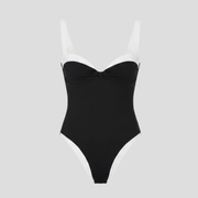 Women's one-piece swimsuit with sweetheart neckline and contrast trim in black and white
