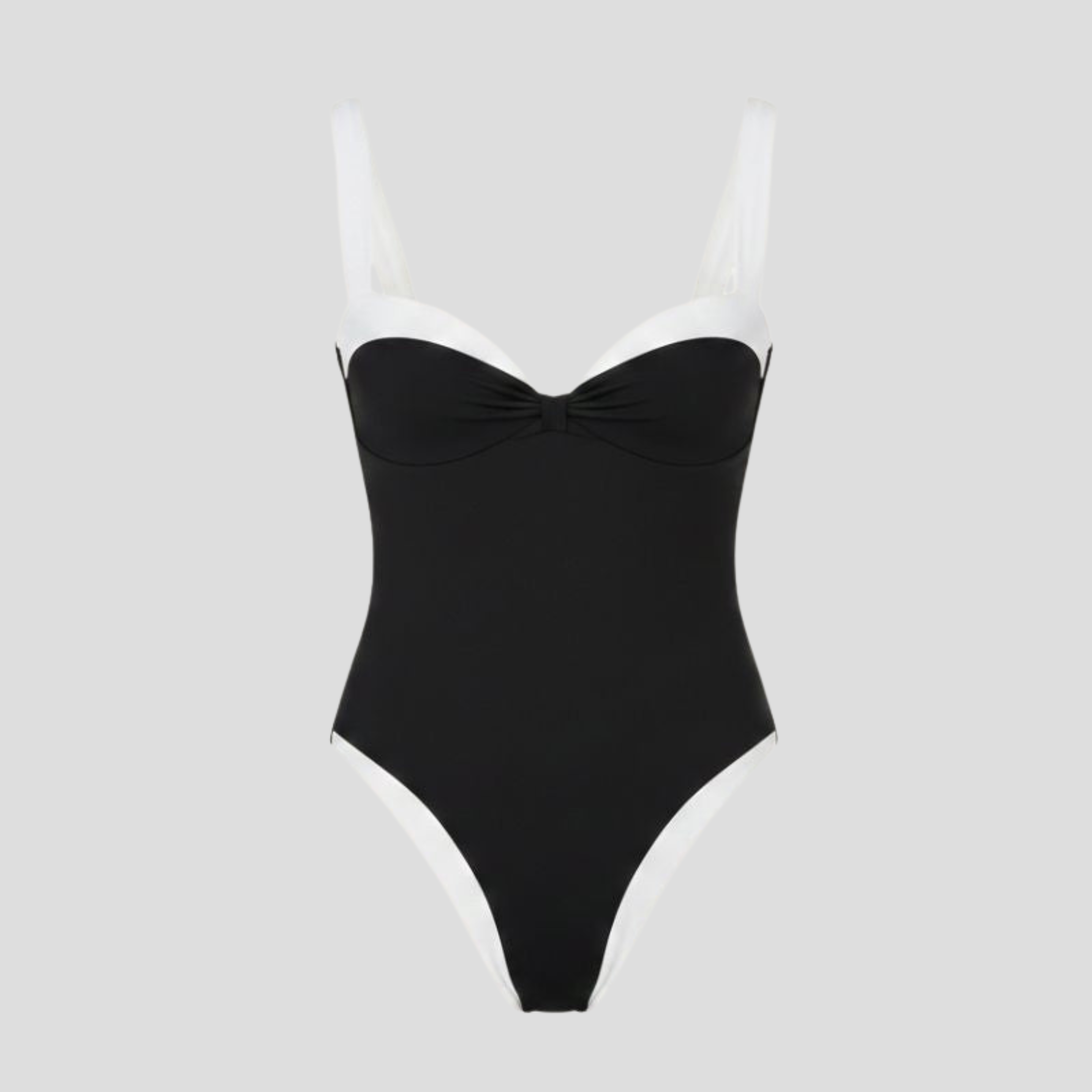 Women's one-piece swimsuit with sweetheart neckline and contrast trim in black and white