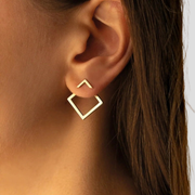 Gold-tone drop earrings with chevron stud and open square drop design