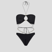 Black bikini set with pearl details and adjustable wraparound ties